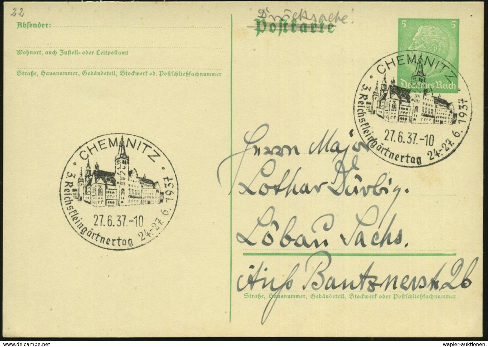 1937 (27.6.) CHEMNITZ, Sonderstempel: 3. Reichskleingärtnertag (Rathaus) Inl.-Karte (Bo.22) - Garten & Park / Garden / J - Other & Unclassified