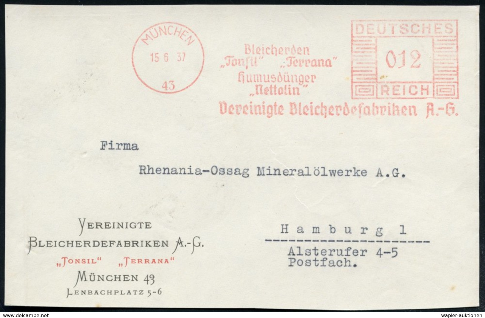 1937 (16.6.) MÜNCHEN 43, Seltener Absender-Freistempel: Bleicherden, "Tonsil" "Terrana", Humusdünger "Nettolin", Vereini - Other & Unclassified