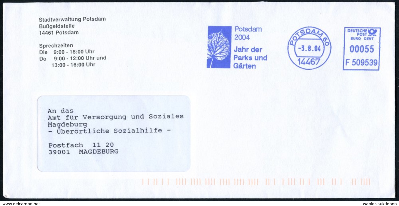 2004 (3.8.) 14467 POTSDAM 60, Kommunaler, Blauer Absender-Freistempel: 2004 Jahr Der Parks U. Gärten (Blatt) Kommunalbri - Other & Unclassified