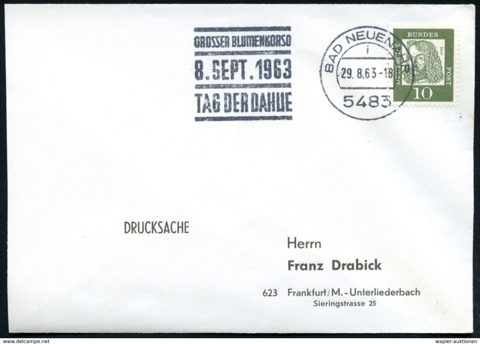 1963 (29.8.) 5483 BAD NEUENAHR, Maschinen-Werbestempel: GROSSER BLUMENKORSO.. TAG DER DAHLIE, Inl.-Brief (Bo.14 A) - Blu - Autres & Non Classés