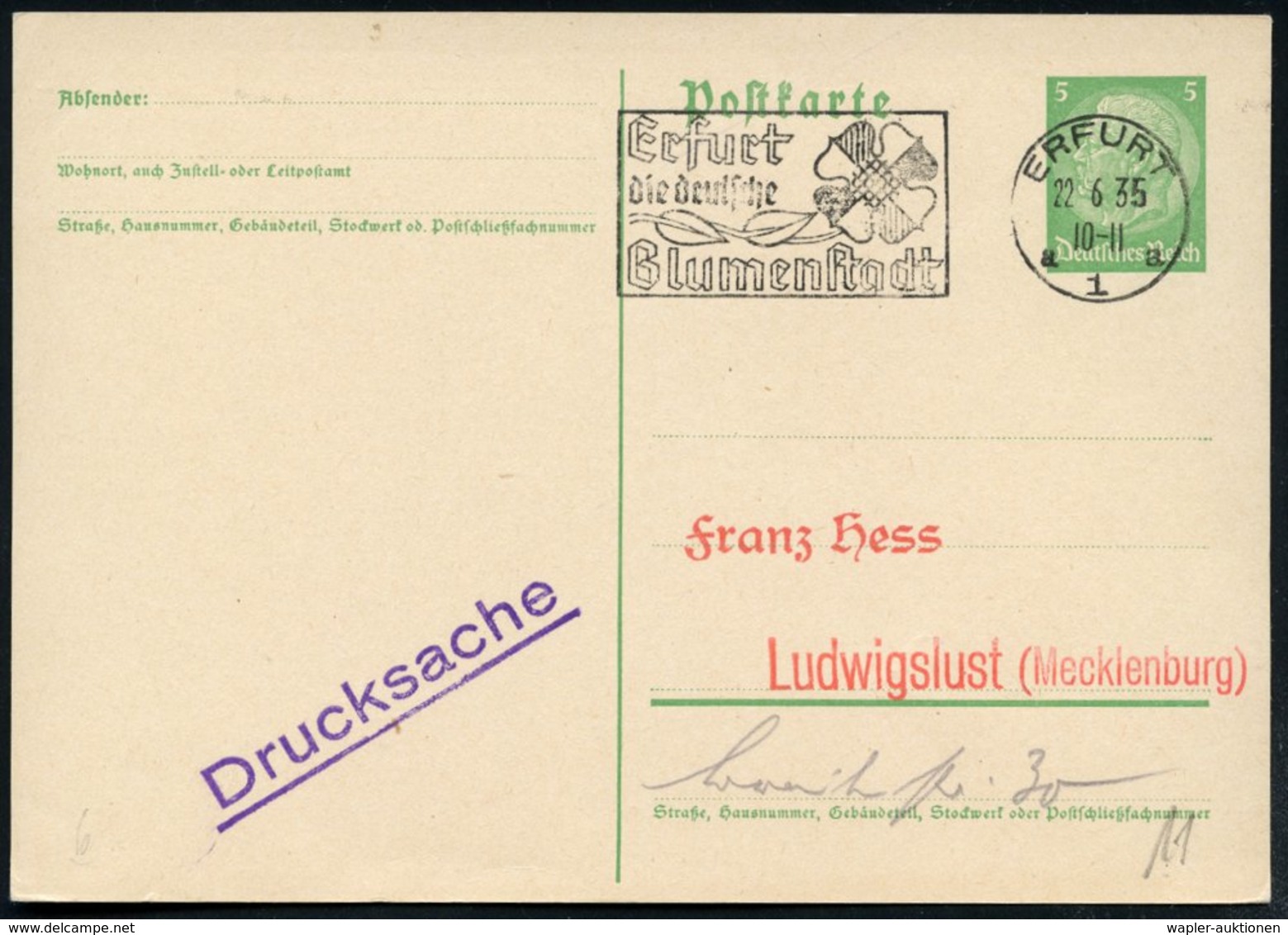 1935 (22.6.) ERFURT 1, Maschinen-Werbestempel: Erfurt Die Deutsche Blumenstadt (Blüte) Inl.-Karte (Bo.11 A I, Erstjahr)  - Other & Unclassified
