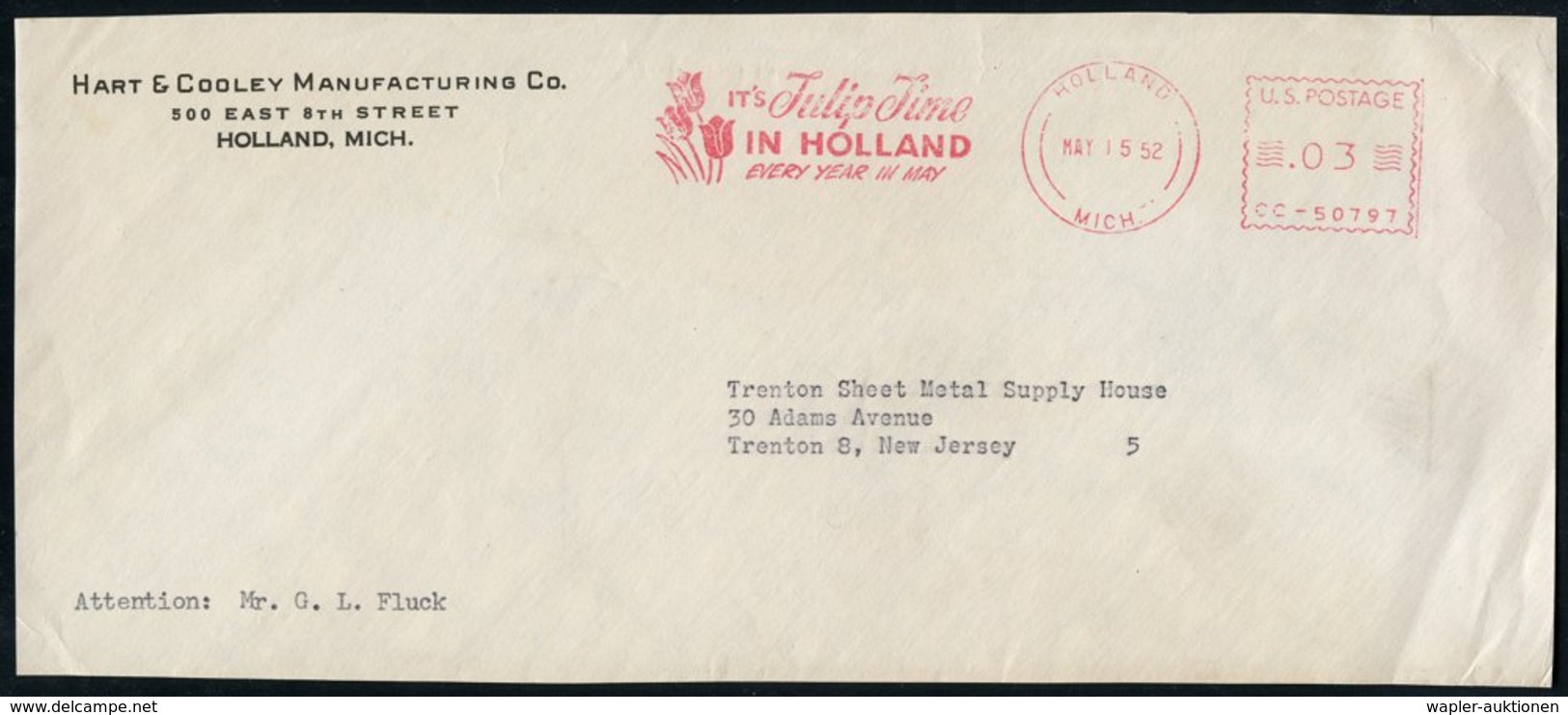 1952 (15.5.) U.S.A., Absender-Freistempel: HOLLAND, MICH., IT'S Tulip Time IN HOLLAND.. (Tulpen) Firmen-Vorderseite - Bl - Other & Unclassified