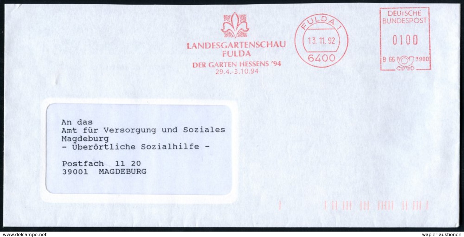 1992 (13.11.) 6400 FULDA 1, Absender-Freistempel: LANDESGARTENSCHAU FULDA, DER GARTEN HESSENS '94.. (Lilie) Kommunalbrie - Other & Unclassified