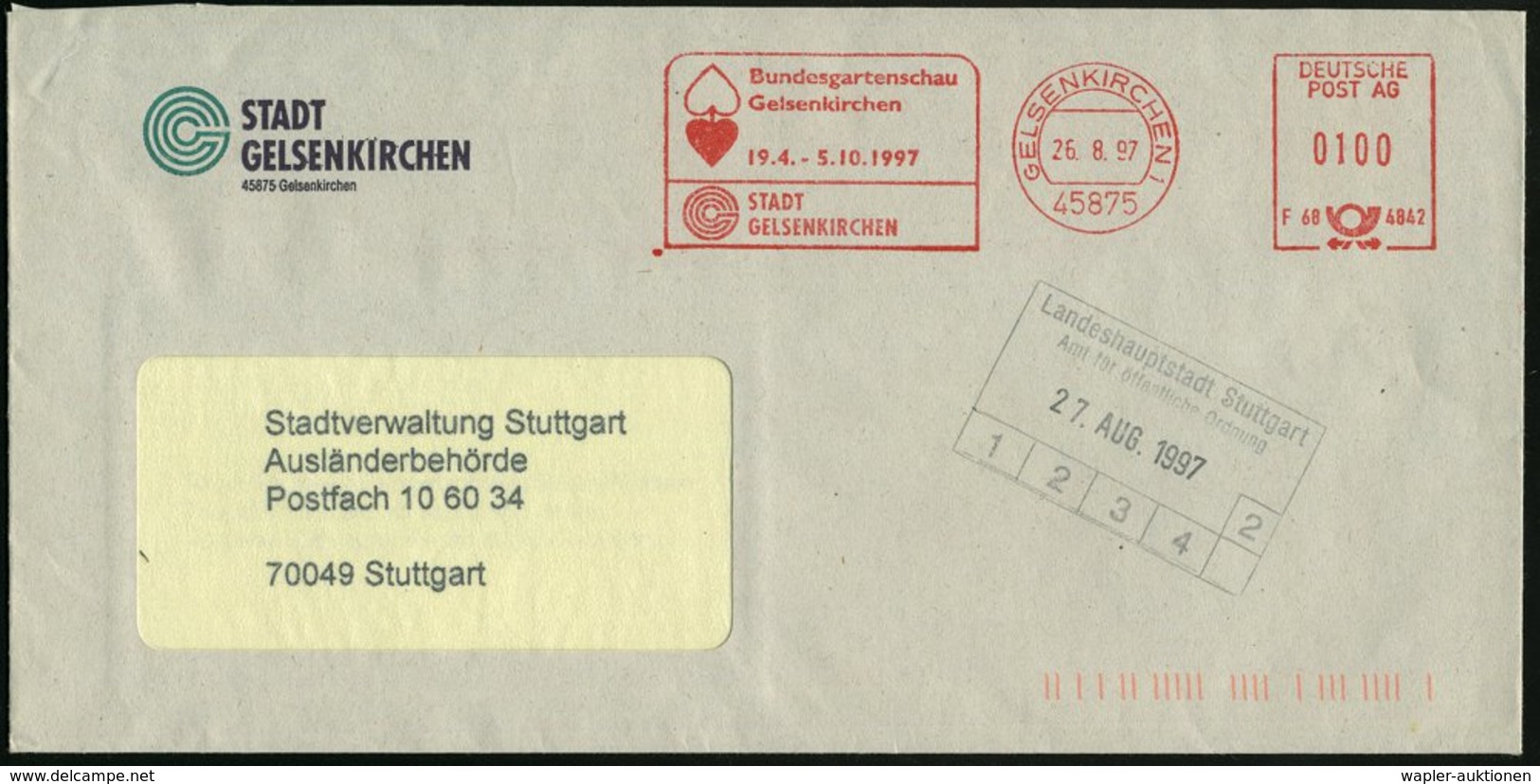 1997 45875 GELSENKIRCHEN 1, Absender-Freistempel "DEUTSCHE POST AG": Bundesgartenschau.. (2 Blumenblätter) Kommunalbrief - Other & Unclassified