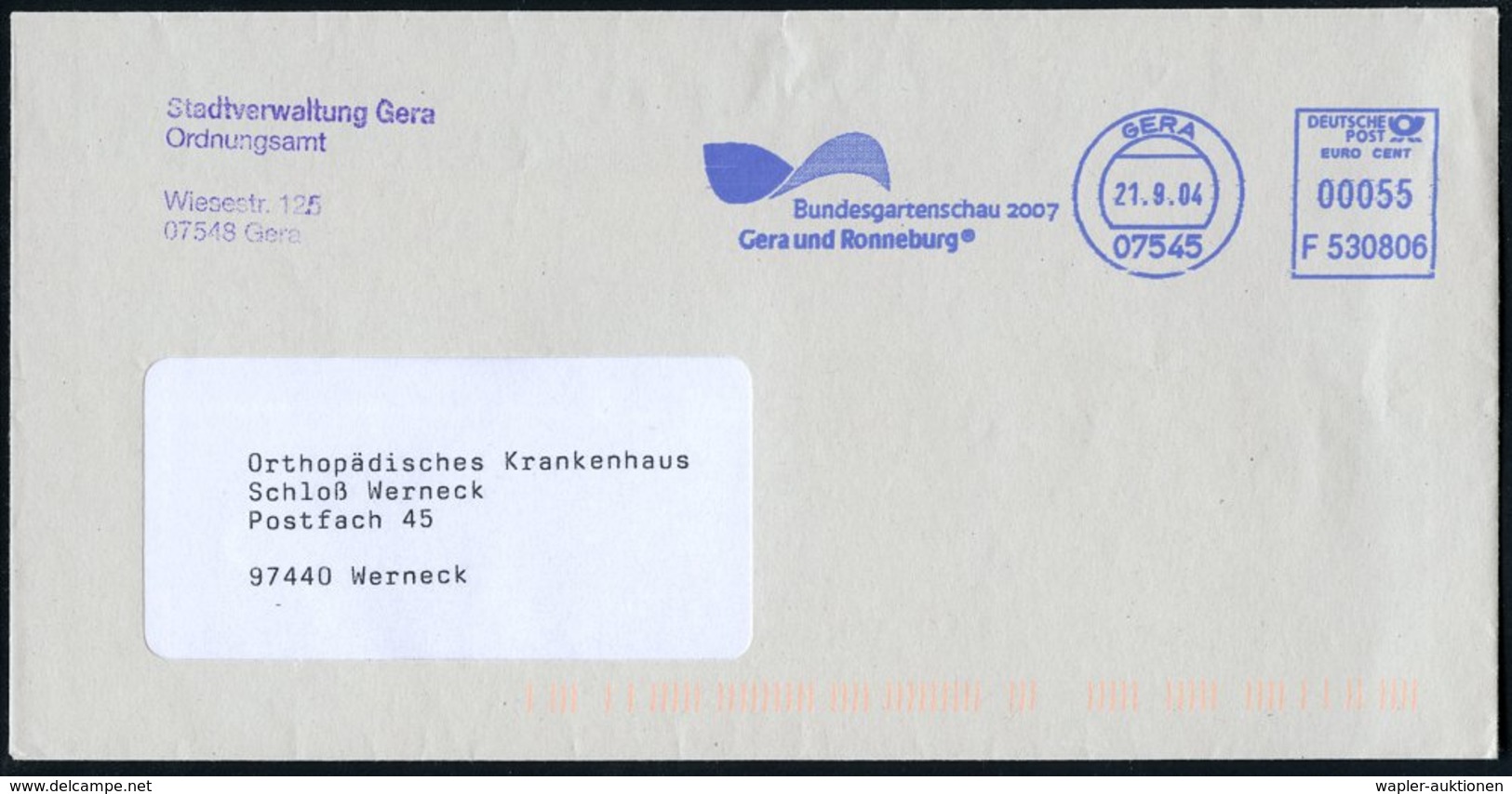 2004 (21.9.) 07545 GERA, Blauer Absender-Freistempel: Bundesgartenschau 2007 Gera U. Ronneburg, Kommunalbrief - Gartenba - Other & Unclassified