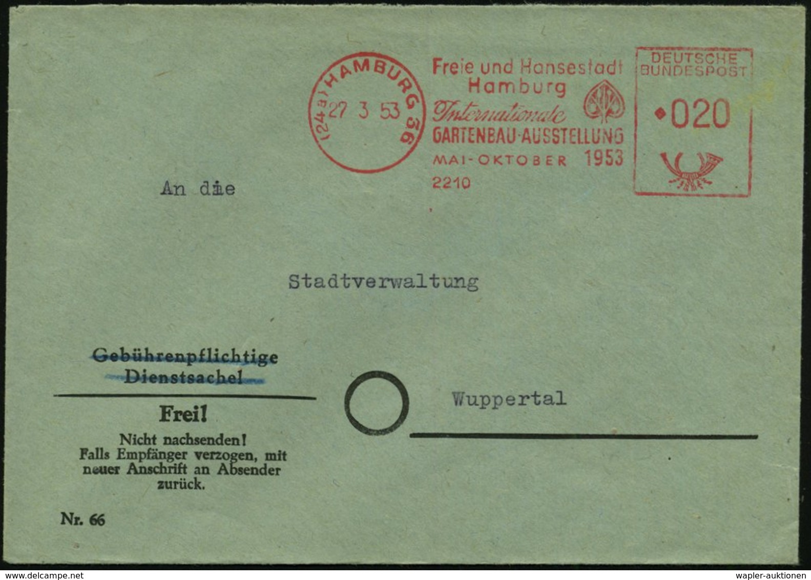 1953 (27.3.) (24 A) HAMBURG 36, Absender-Freistempel: Freie U. Hansestadt Hamburg, Internat. GARTENBAU-AUSSTELLUNG..1953 - Other & Unclassified