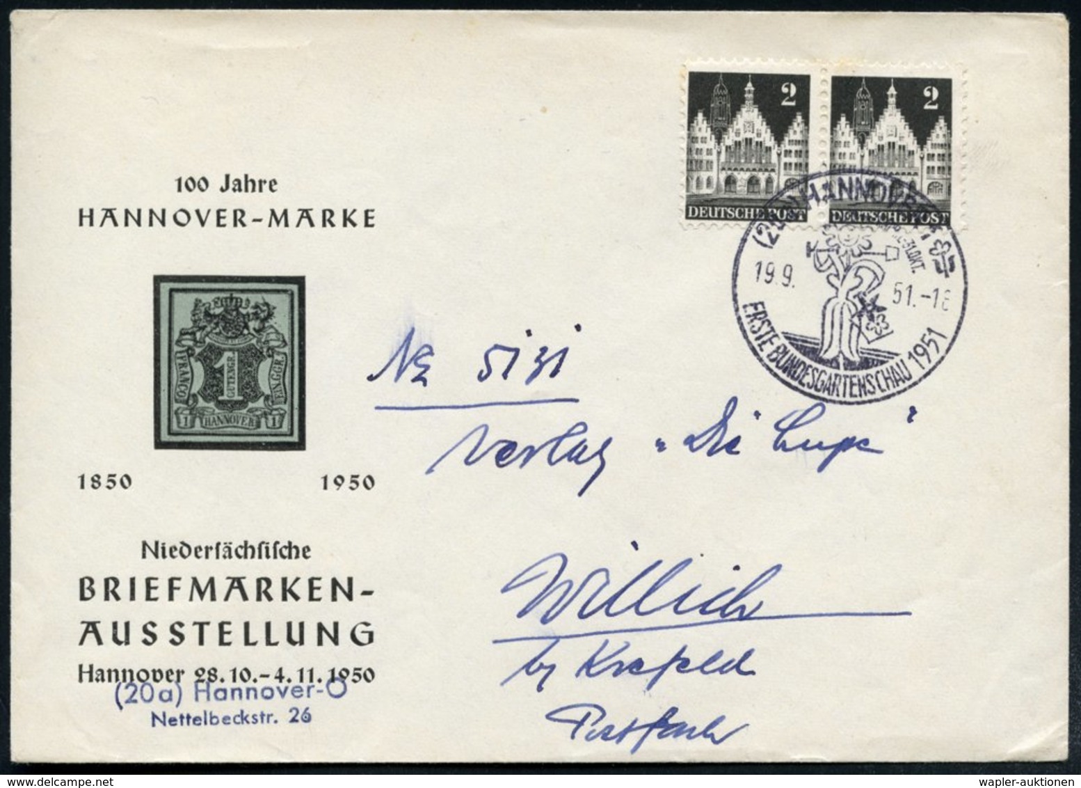 1951 (19.9.) (20 A) HANNOVER 2, Sonderstempel: ERSTE BUNDES-GARTEN-SCHAU.. = Sonnenblume Als Gärtnerin, Sonderumschlag:  - Other & Unclassified