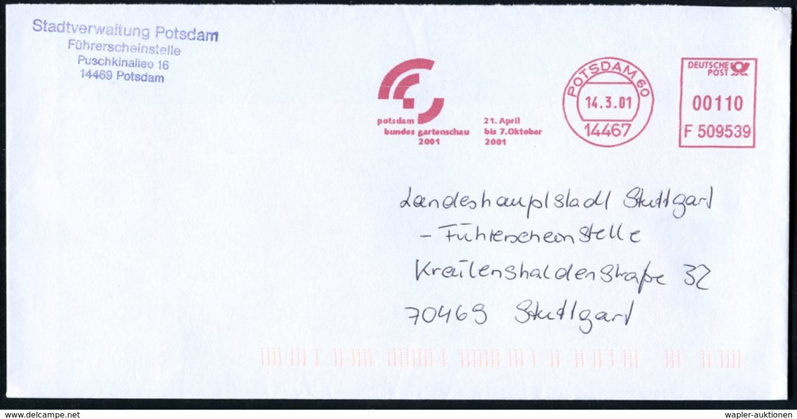 2001 (14.3.) 14467 POTSDAM 60, Absender-Freistempel: Bundes Gartenschau 2001.. (Symbol) Kommunalbrief - Gartenbau-Ausste - Other & Unclassified