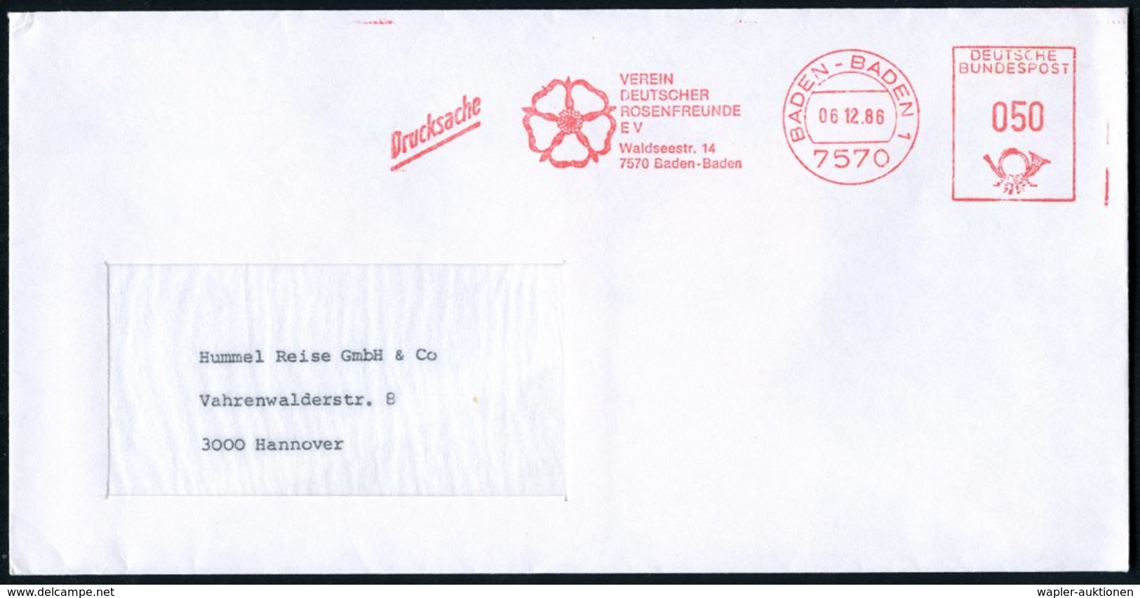 1986 (6.12.) 7570 BADEN-BADEN 1, Absender-Freistempel: VEREIN DEUTSCHER ROSENFREUNDE EV. (Luther-Rose) Fernbrief - Rosen - Other & Unclassified