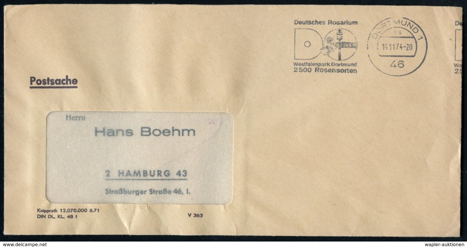 1974 (14.11.) 46 DORTMUND 1, Maschinen-Werbestempel: Deutsches Rosarium, Westfalenpark.. 2500 Rosensorten (Rose, Wesrfal - Other & Unclassified