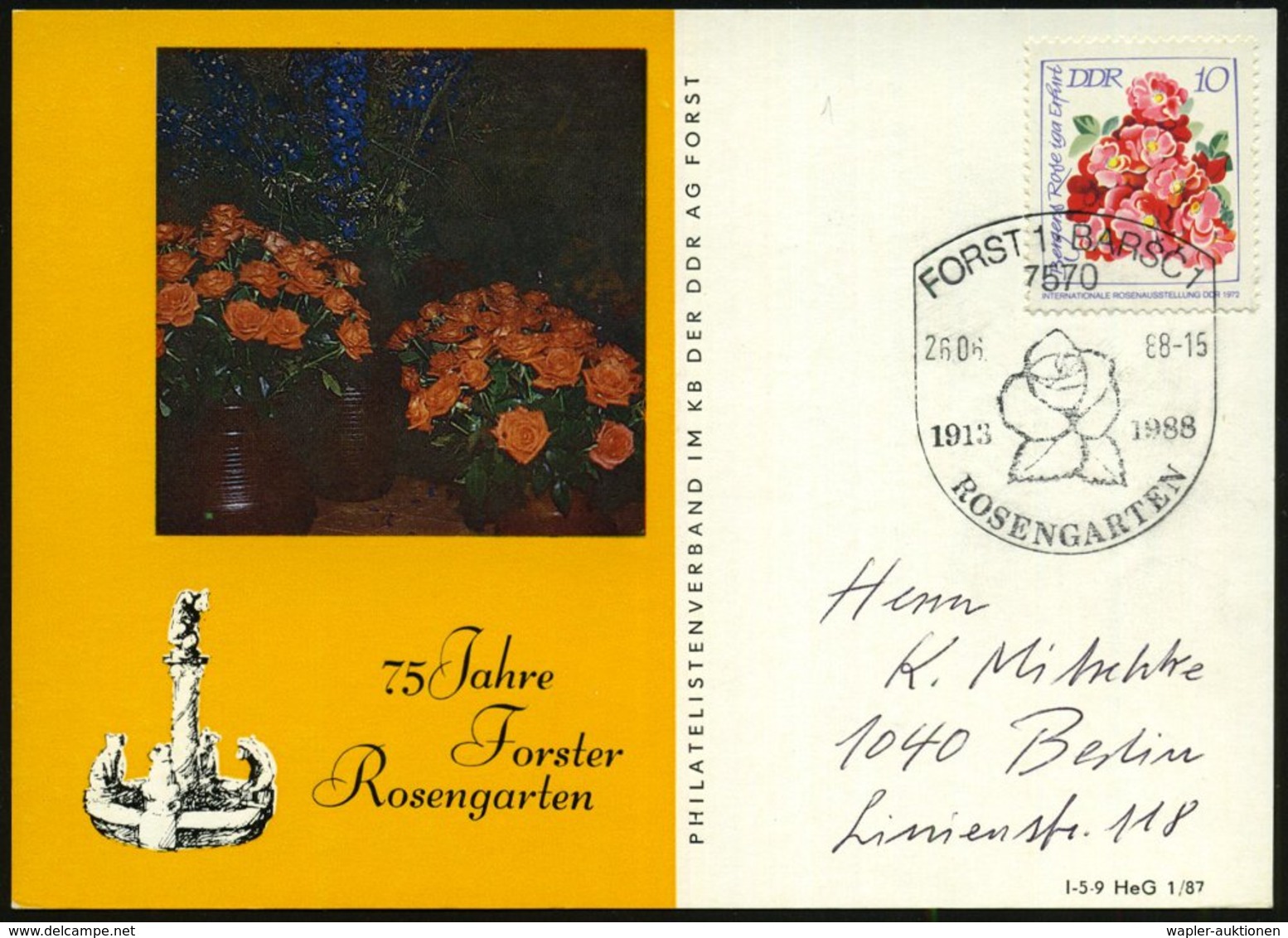 1988 (26.6.) 7570 FORST 1 BARSC 1, Handwerbestempel: 1913 1988 ROSENGARTEN = Rose, EF 10 Pf. "Internat. Rosen-Ausstellun - Other & Unclassified