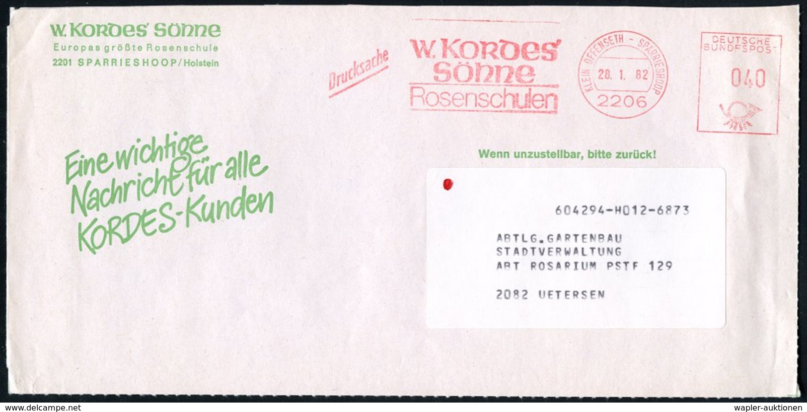 1982 (28.1.) 2206 KLEIN OFFENSETH - SPARRIESHOOP, Absender-Freistempel: W. Kordes Söhne, Rosenschulen, Reklame-Brief - R - Other & Unclassified