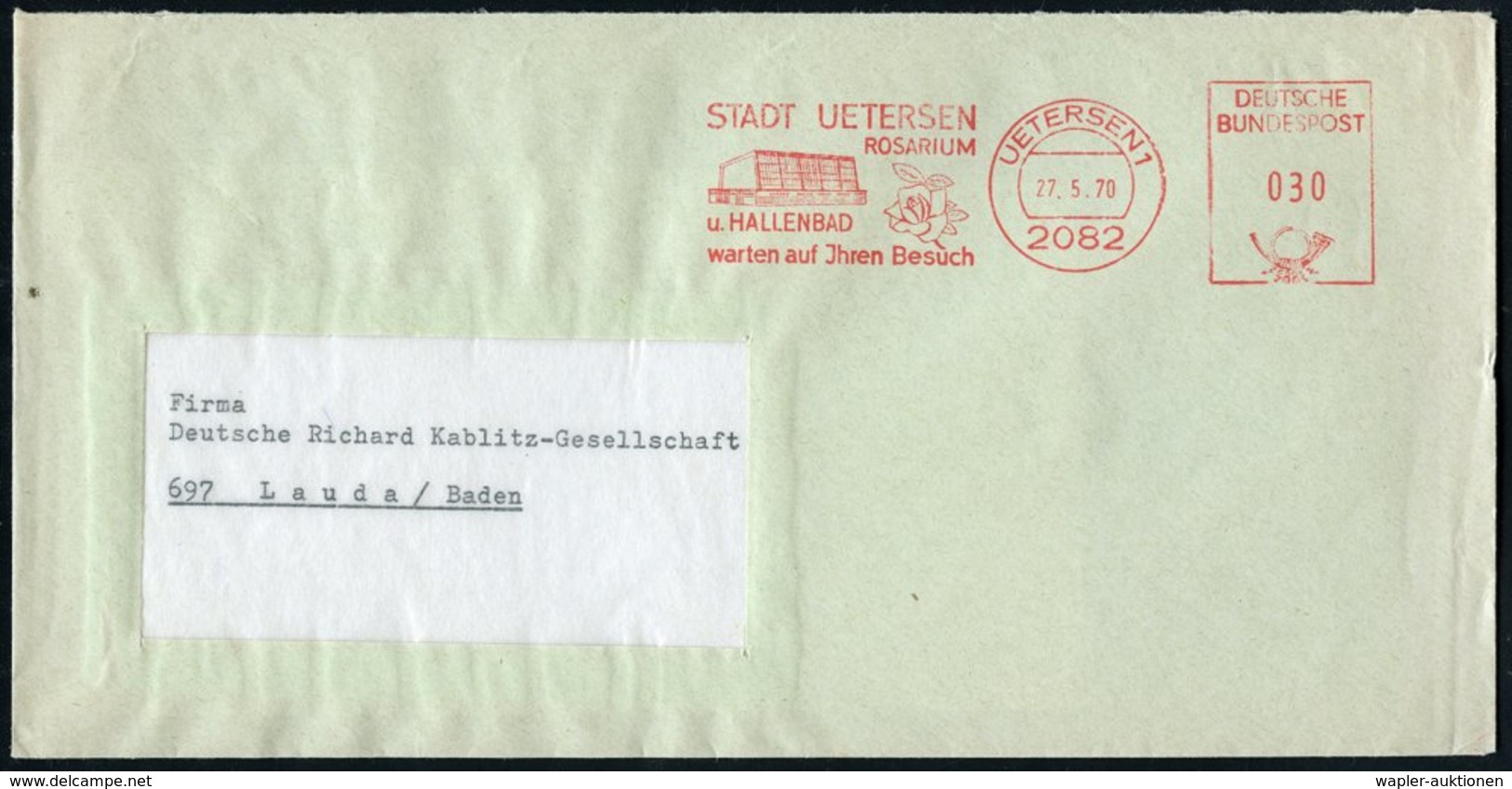 1970 (27.5.) 2082 UETERSEN 1, Kommunaler Absender-Freistempel: ROSARIUM U. HALLENBAD.. (Hallenbad, Rose) Kommunalbrief - - Other & Unclassified