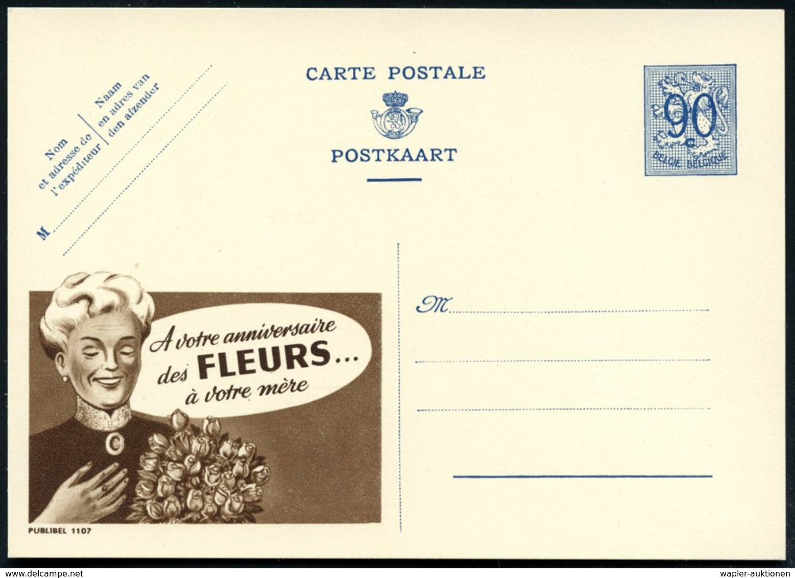 1951 BELGIEN, 90 C. Publibel-Ganzsache: A Votre Anniversaire Des FLEURS.. (Frau Mit Rosenstrauß) Ungebr. (Mi.P 273 I / 1 - Other & Unclassified