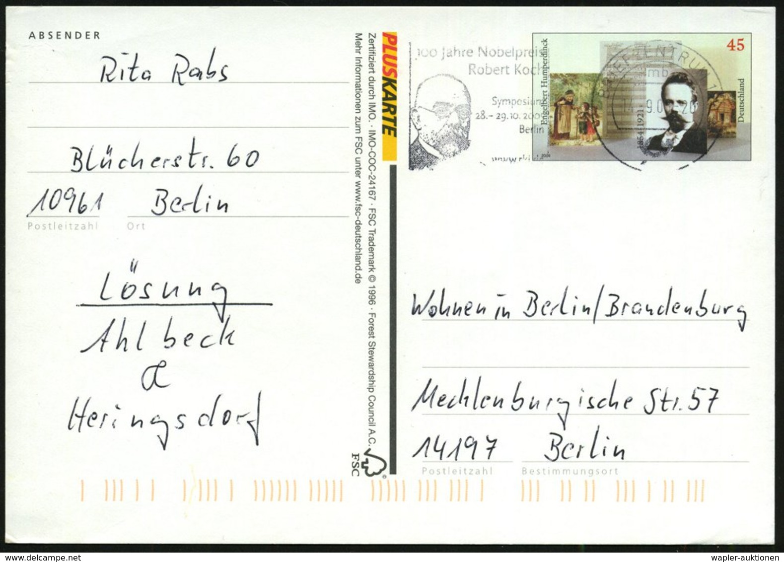 2005 Berlin, Maschinen-Werbestempel: BRIEFZENTRUM 1, 100 Jahre Nobelpreis Robert Koch, Symposium Berlin (Kopfbild Koch = - Other & Unclassified