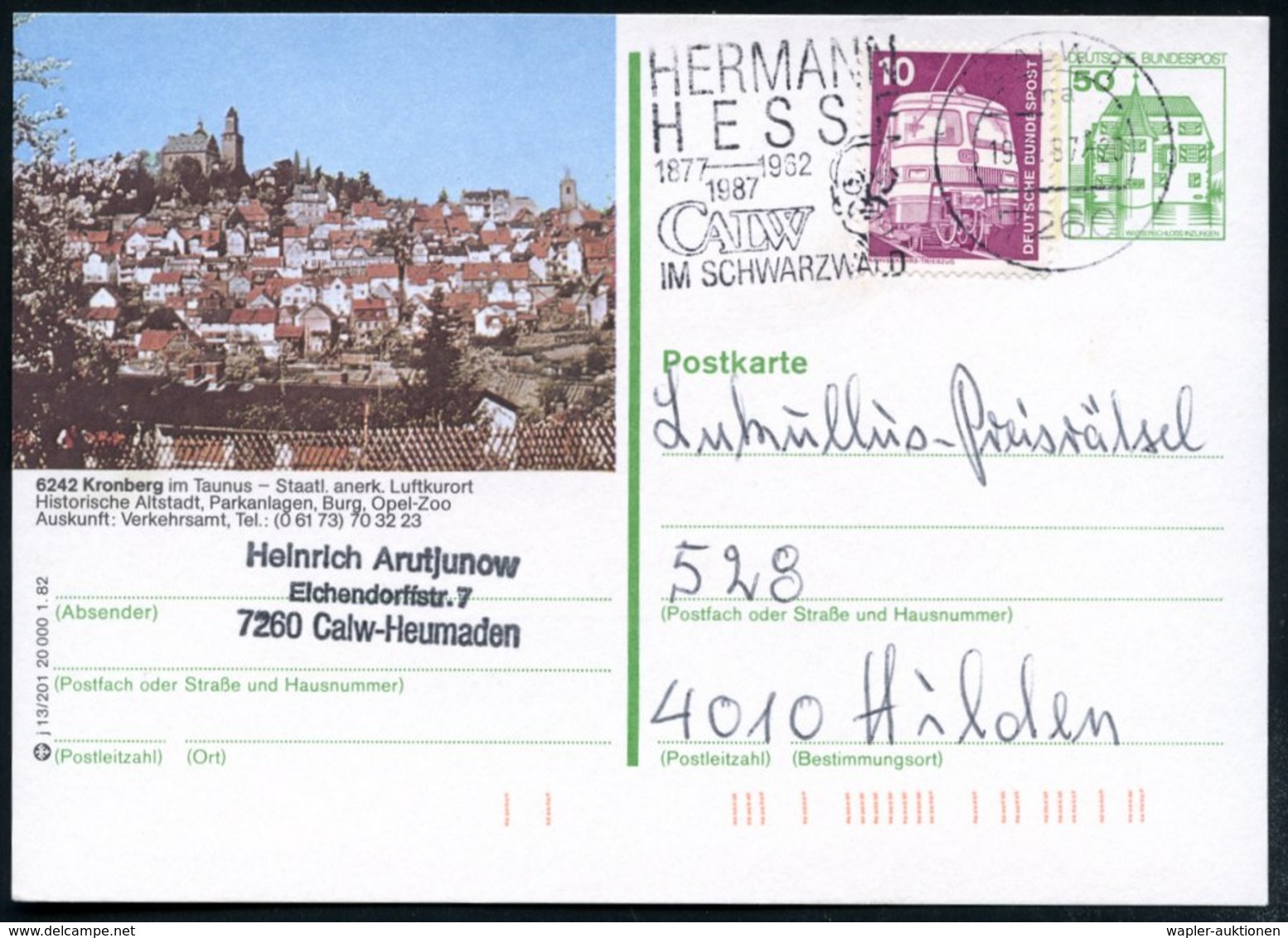 1987 7260 CALW 1, Maschinen-Werbestempel: HERMANN HESSE 1877 - 1932 (Kopfbild, Literatur-Nobelpreis) Bedarfskarte - Nobe - Other & Unclassified