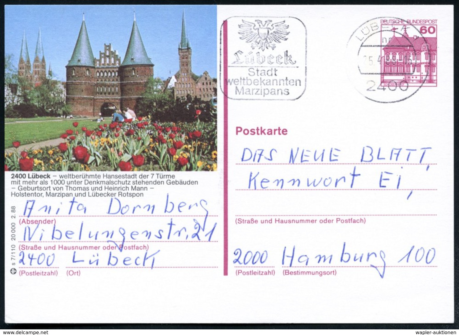 1988 (25.4.) 2400 LÜBECK 1, 60 Pf. Bild-Ganzsache Burgen: Hansestadt.. Geburtsort Von Thomas Mann U. Heinrich Mann, Marz - Other & Unclassified