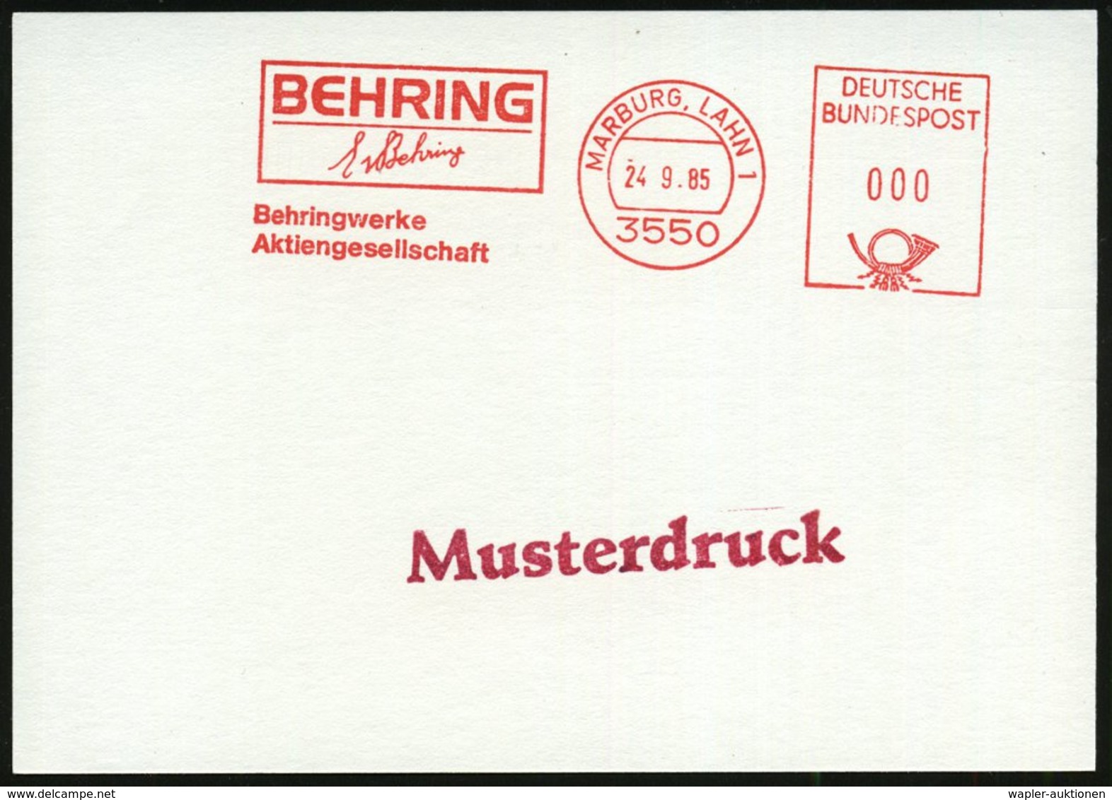 1985 (24.9.) 3550 MARBURG, LAHN 1, Absender-Freistempel: BEHRING.. Behringwerke AG = Faksimile "E. V. Behring" = Serolog - Other & Unclassified