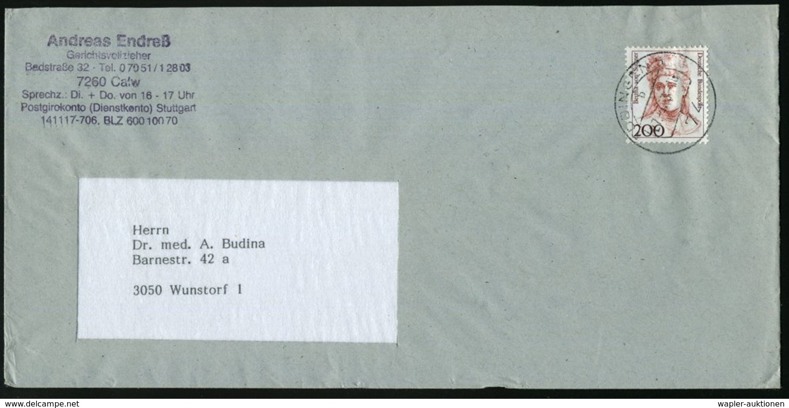 1993 B.R.D., 200 Pf. Bertha V. Suttner, EF (Friedens-Nobelpreis 1905) Sauber Gest. Inl.-Bf., Seltene Portostufe (Mi.1498 - Other & Unclassified