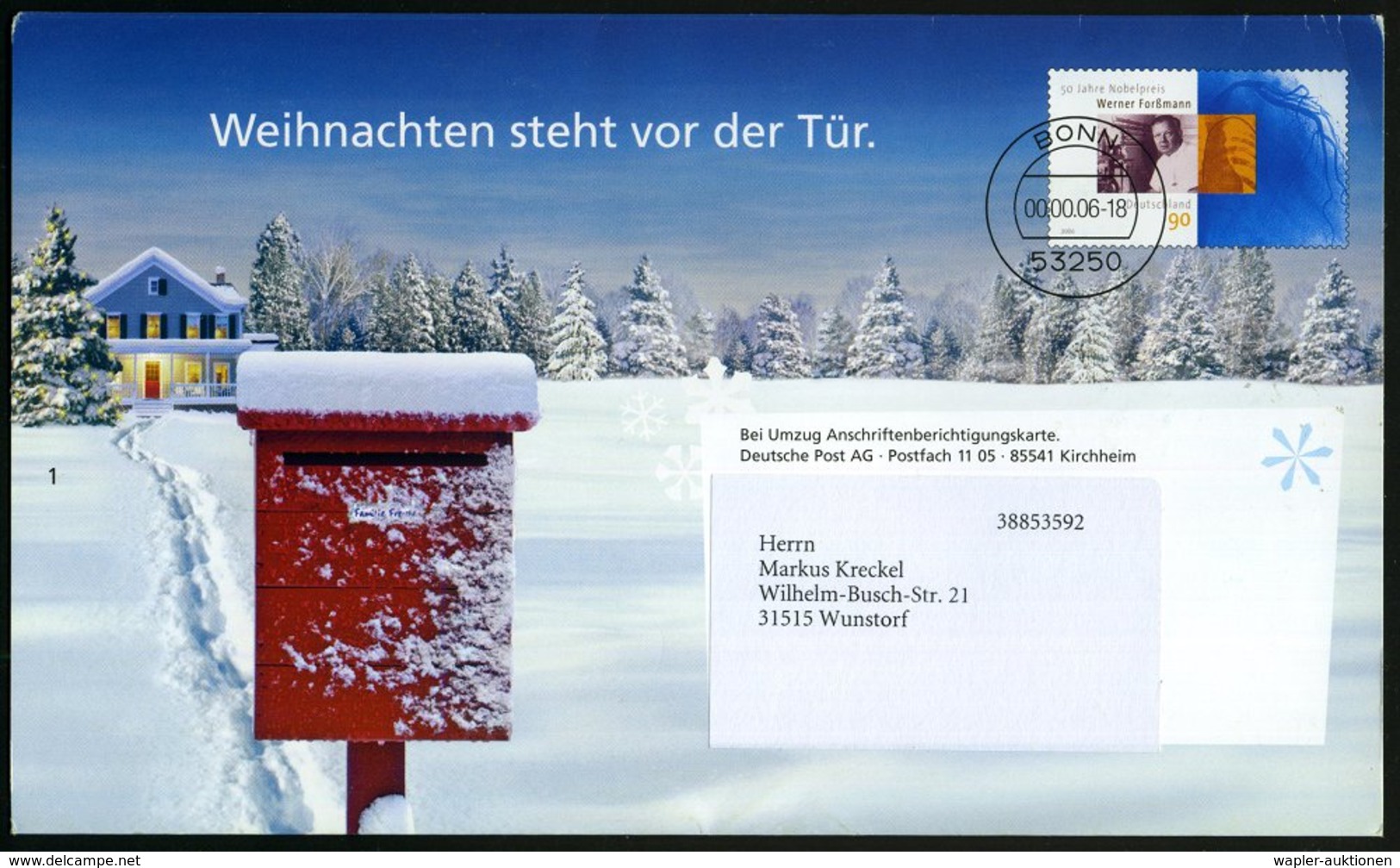 2006 B.R.D., 90 C. Postdienst-Kartenbrief "Weihnachten" Mit Wertzeicheneindruck: Nobelpreis Werner Forßmann (Medizin-Nob - Autres & Non Classés