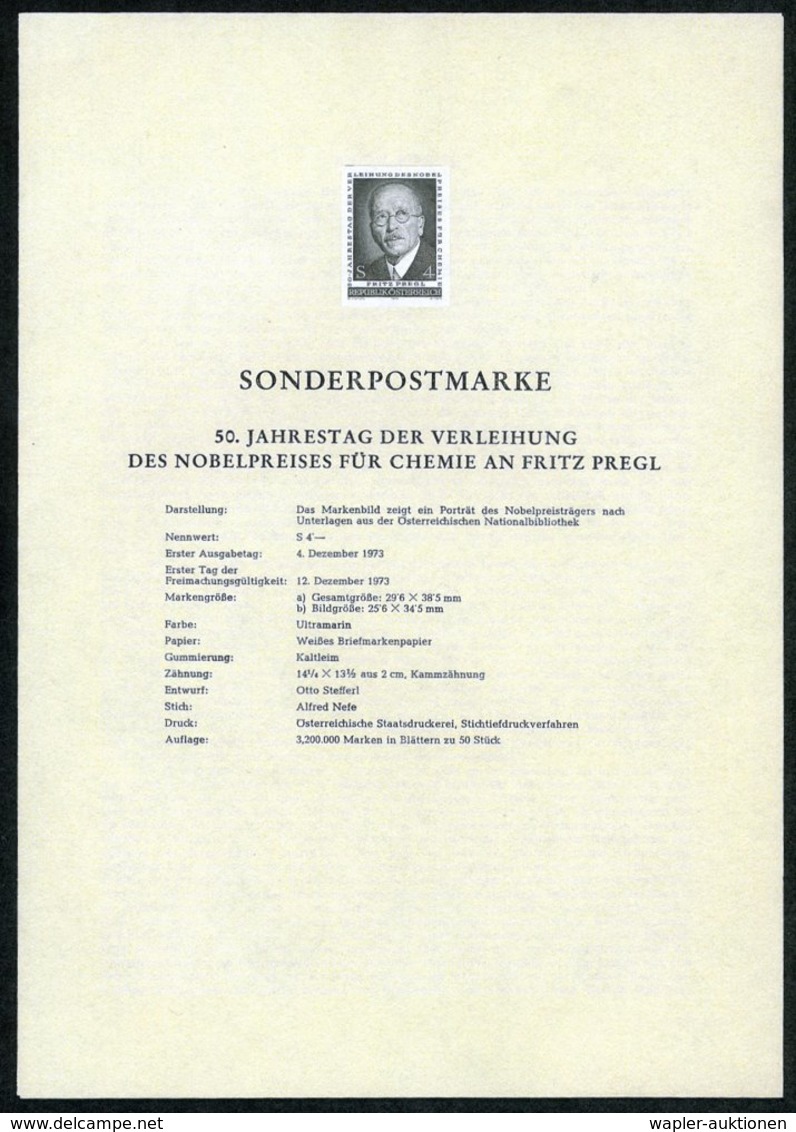 1973 (Dez.) ÖSTERREICH, 4 S. "50 Jahre Nobelpreis Für Chemie An Fritz Pregl", Ungez. Schwarzdruck Auf Amtl. Ankündigungs - Other & Unclassified