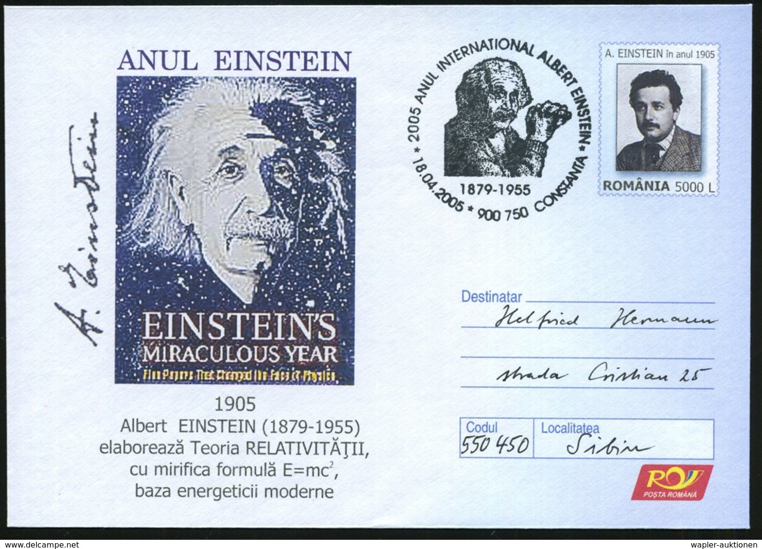 2005 (18.4.) RUMÄNIEN, 5000 L. Sonder-Ganzsachen-Umschlag: Einstein-Jahr 2005 (Brustbild U. Weltraum) + Passender Fahnen - Other & Unclassified