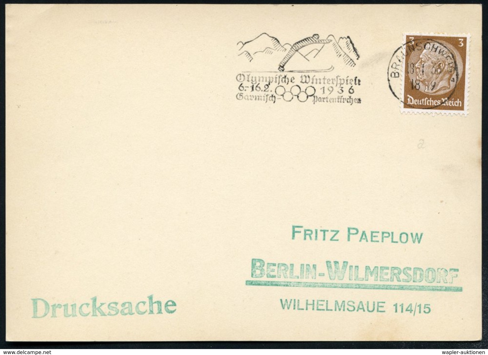 1936 (28.1.) Braunschweig 1, Maschinen-Werbestempel: Olympische Winterspiele 6.-16.2.1936, Garmisch.. (Skispringer) Inl. - Other & Unclassified