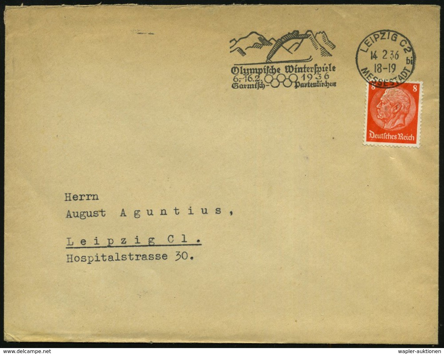 1936 (14.2.) LEIPZIG C 2, MESSESTADT, Maschinen-Werbestempel: Olympische Winterspiele, 6.-16.2. 1936, Garmisch.. (Skispr - Other & Unclassified