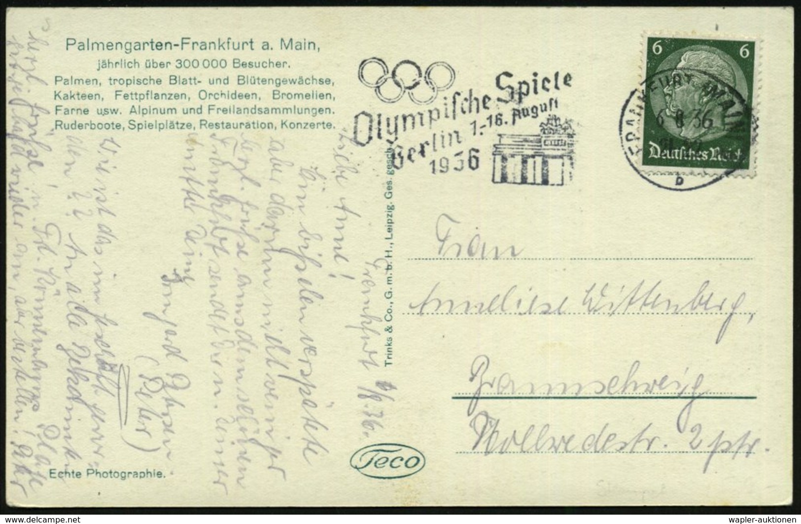 1936 (6.8.) FRANKFURT (MAIN) 2 , Maschinen-Werbestempel: Olympische Spiele Berlin 1.-16. August 1936 (Brandenburger Tor, - Other & Unclassified