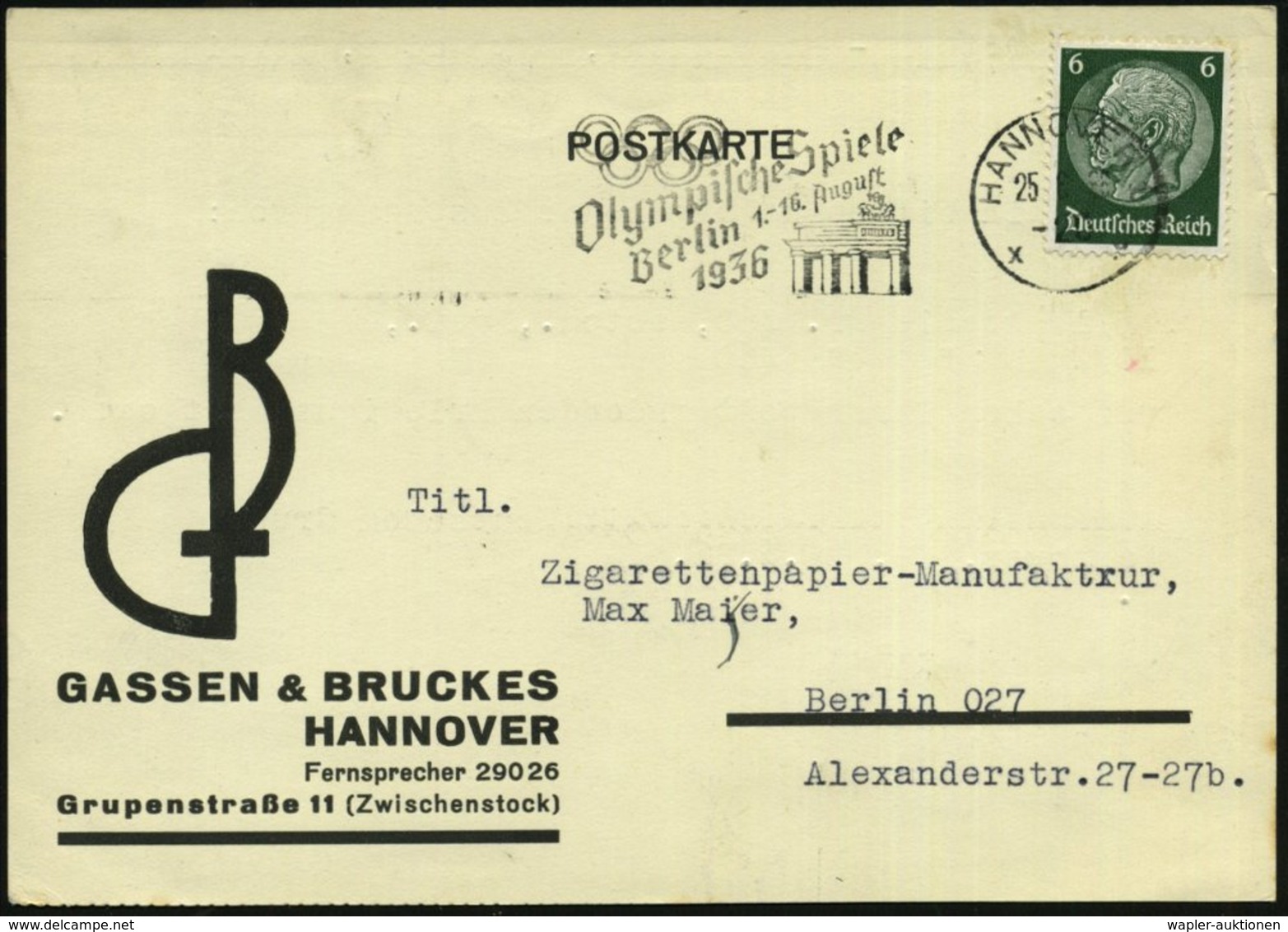 1936 (25.6.) HANNOVER 1, Maschinen-Werbestempel: Olympische Spiele Berlin 1.-16. August 1936 (Brandenburger Tor, Olympis - Other & Unclassified