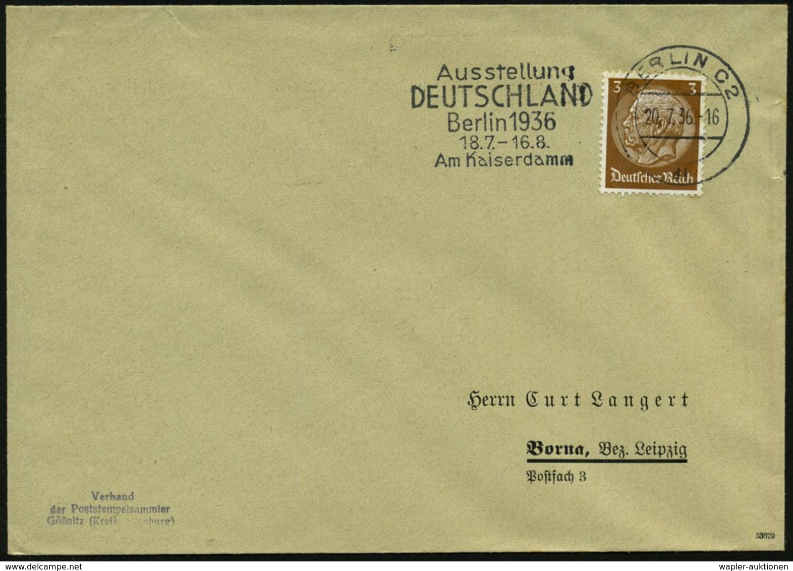 1936 (20.7.) BERLIN C 2, Maschinen-Werbestempel: Ausstellung DEUTSCHLAND, Berlin 1936.. Am Kaiserdamm (= Olympia-Ausstel - Sonstige & Ohne Zuordnung