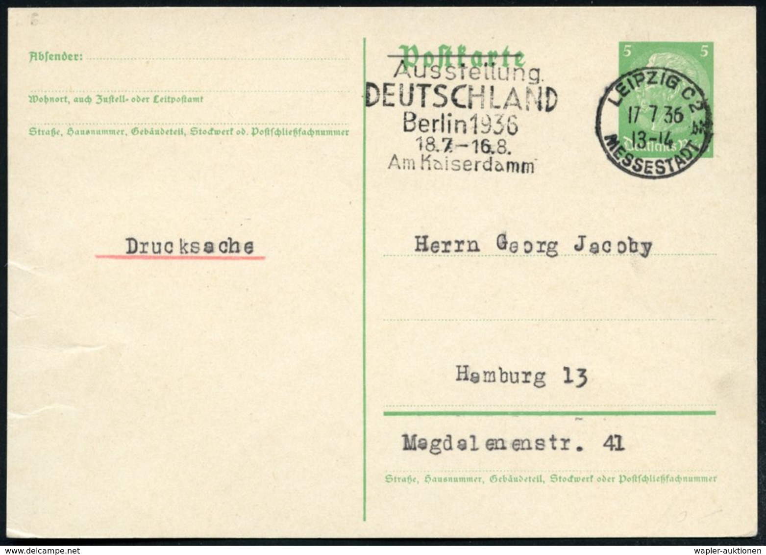 1936 (17.7.) LEIPZIG C 2, MESSESTADT, Maschinen-Werbestempel: Ausstellung DEUTSCHLAND, Berlin 1936... Am Kaiserdamm (= O - Other & Unclassified