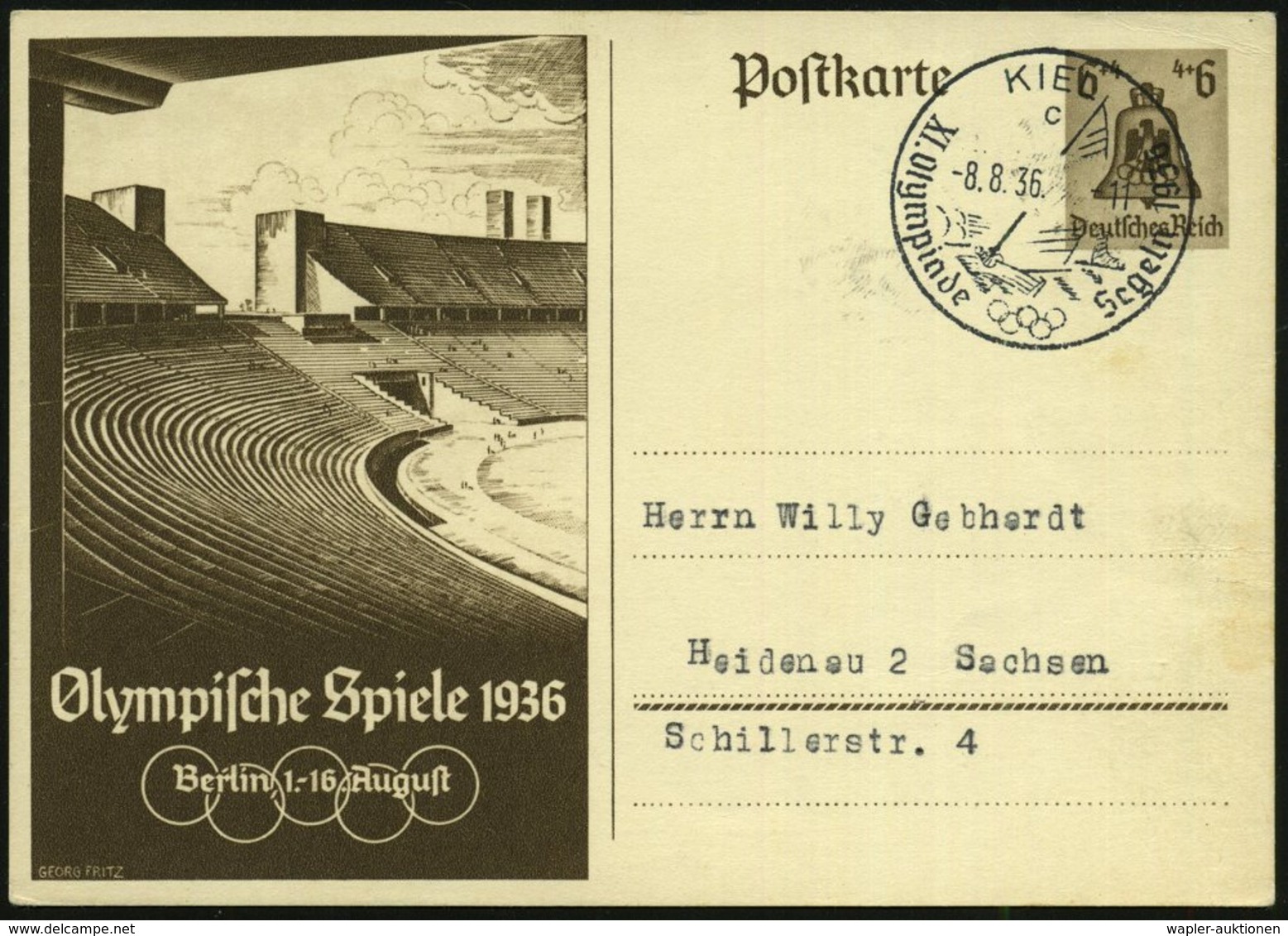 1936 (8.8.) KIEL , Sonderstempel: XI. Olympiade Segeln (Segelboot) Auf Olympia-Sonderganzsache 6 + 4 Pf. Olympische Spie - Sonstige & Ohne Zuordnung