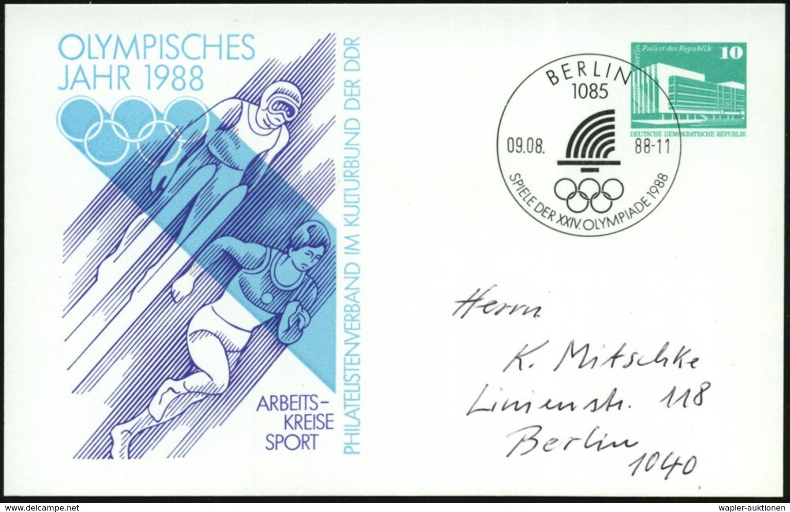 1988 (9.8.) 1085 BERLIN; PP 10 Pf. PdR., Grün: OLYMPISCHES JAHR 1988 = Skispringer, Läufer + Passender Maschinen-Sonders - Sonstige & Ohne Zuordnung