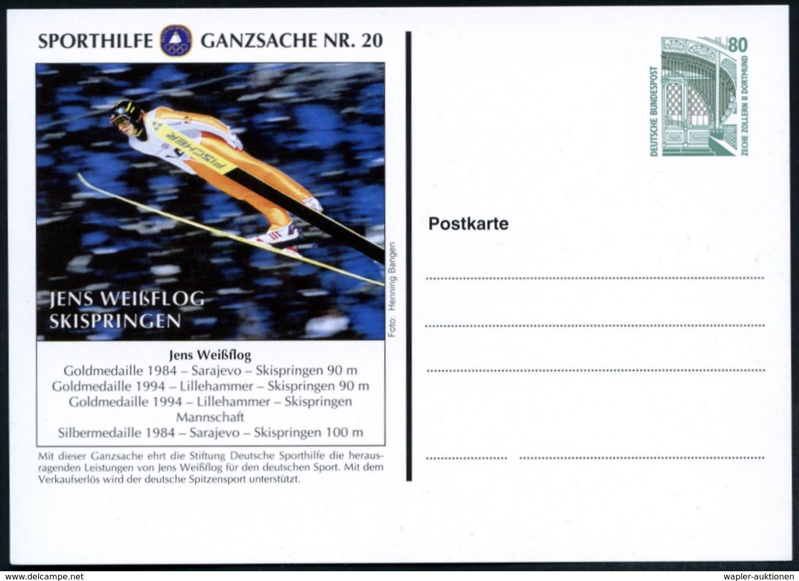 1994 B.R.D., PP 50 Pf. Bauwerk, Grün: Sporthilfe Nr.20: JENS WEISSFLOG, SKISPRINGEN (Gold 1984, 1994, Silber 1984) Ungeb - Other & Unclassified