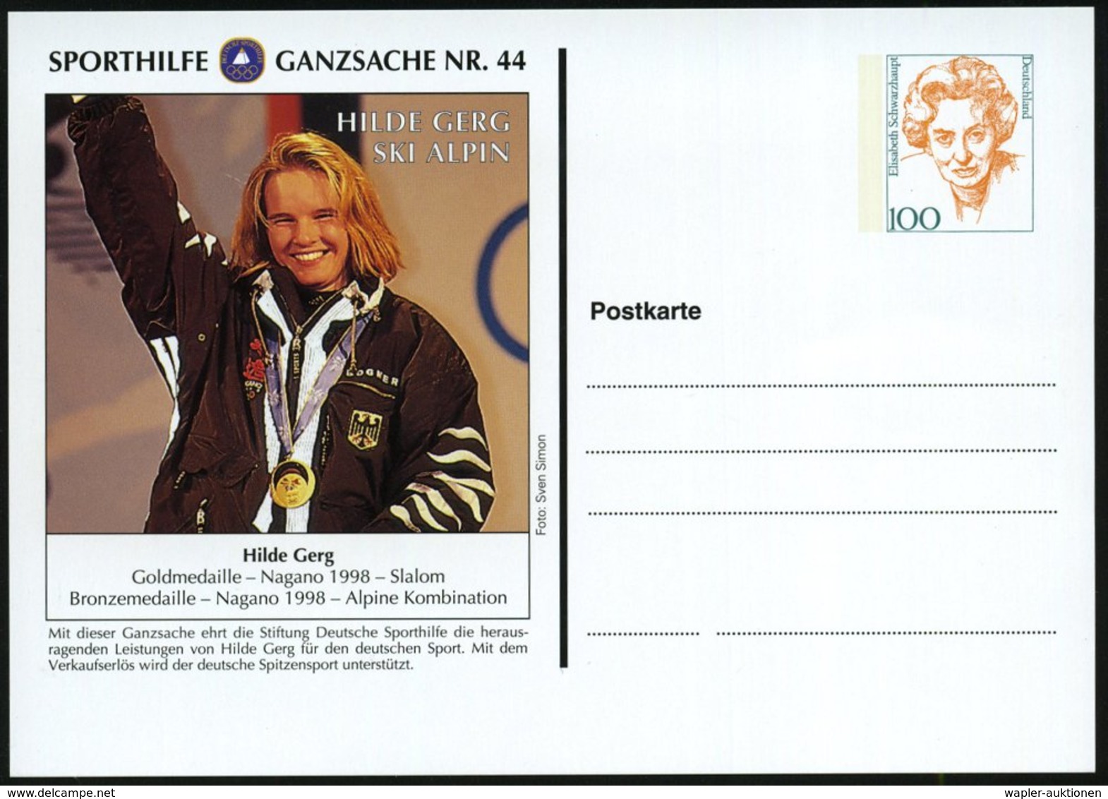 1998 B.R.D., PP 100 Pf. Frauen: Sporthilfe Nr.44: HILDE GERG, SKI ALPIN (Gold 1998, Bronze 1998 Nagano) Ungebr. (Mi.PP 1 - Other & Unclassified