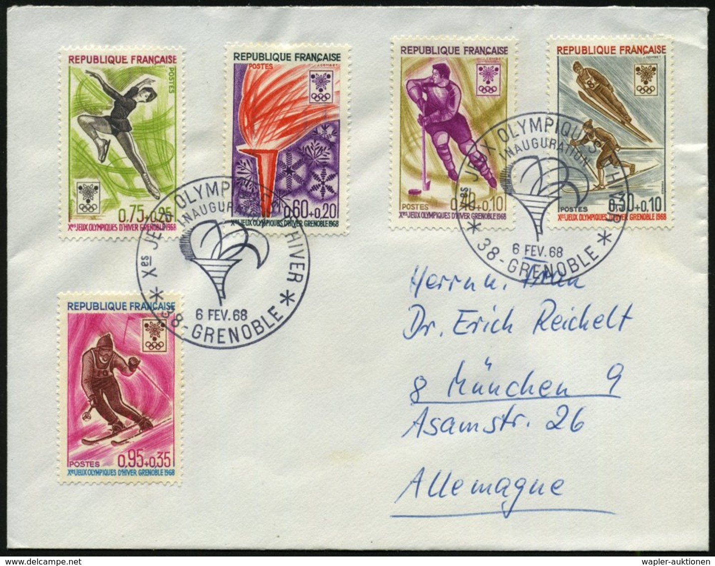 1968 (6.2.) FRANKREICH, Olymp. Winterspiele 1968, Kompl. Satz + Sonderstempel: 38 - GRENOBLE INAUGURATION (Fackel) Ausl. - Andere & Zonder Classificatie