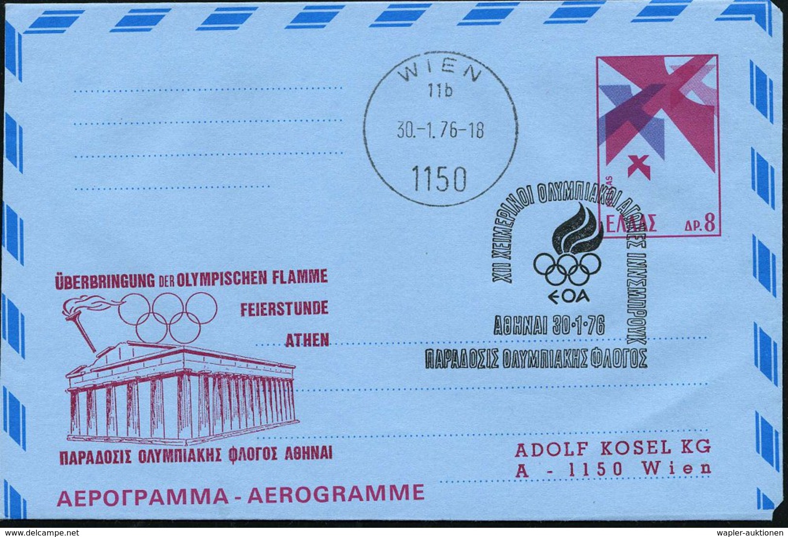 1976 (30.1.) GRIECHENLAND, 8 Dr. Aerogramm + Zudruck: ÜBERBRINGUNG DER OLYMPISCHEN FLAMME.. (Akropolis, Fackel) + Fackel - Other & Unclassified
