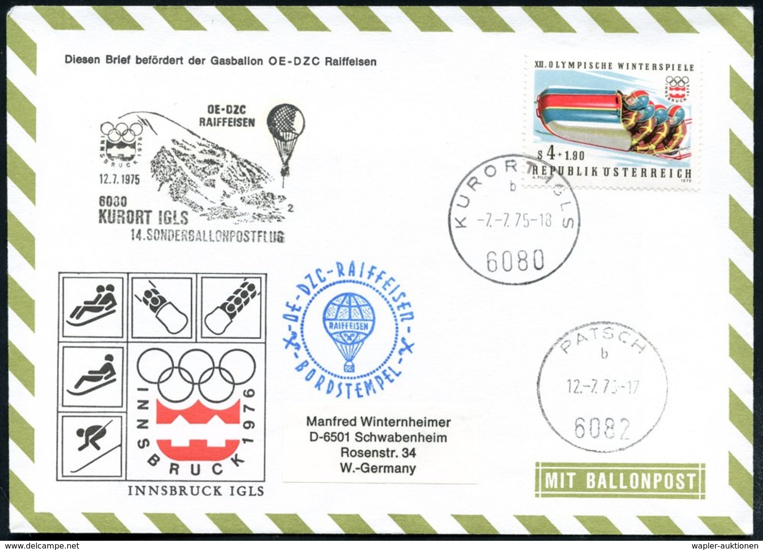 1975 (7.7.) ÖSTERREICH, Olympische Winterspiele Innsbruck, 14. Olympia-Ballon-Flug Mit Ballon-Sonderstempel, Landestempe - Other & Unclassified