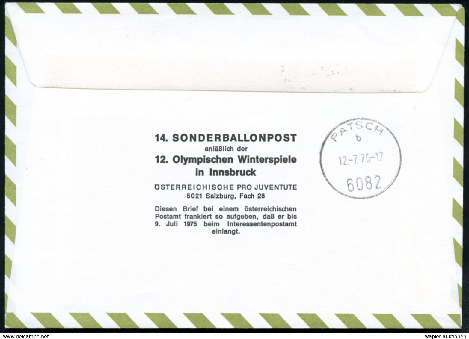 1975 (7.7.) ÖSTERREICH, Olympische Winterspiele Innsbruck, 14. Olympia-Ballon-Flug Mit Ballon-Sonderstempel, Landestempe - Other & Unclassified