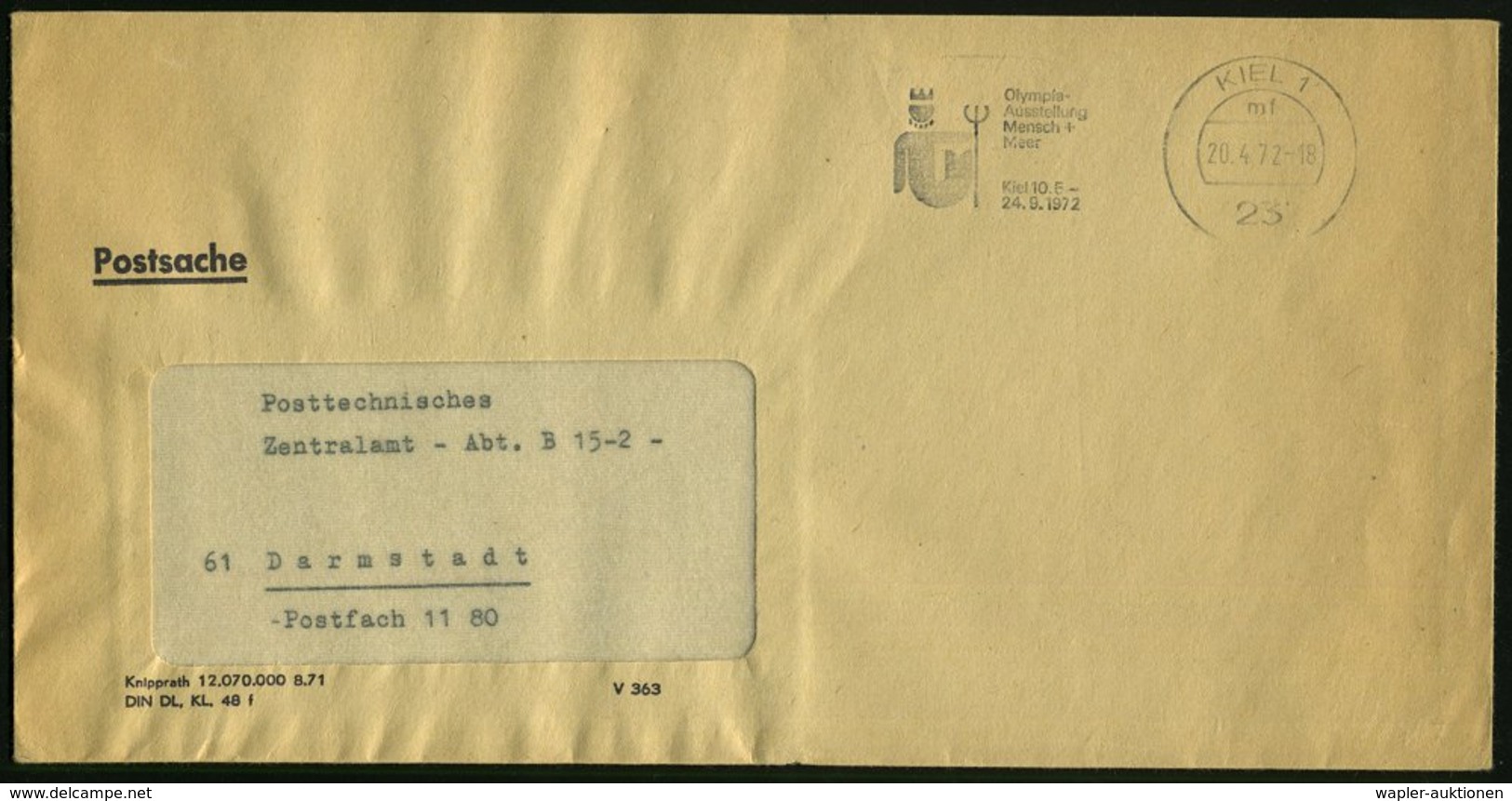 1972 (20.4.) 23 KIEL 1, Maschinen-Werbestempel: Olympia-Ausstellung Mensch + Meer (Neptun) Markenloser Postdienstbrief ( - Other & Unclassified