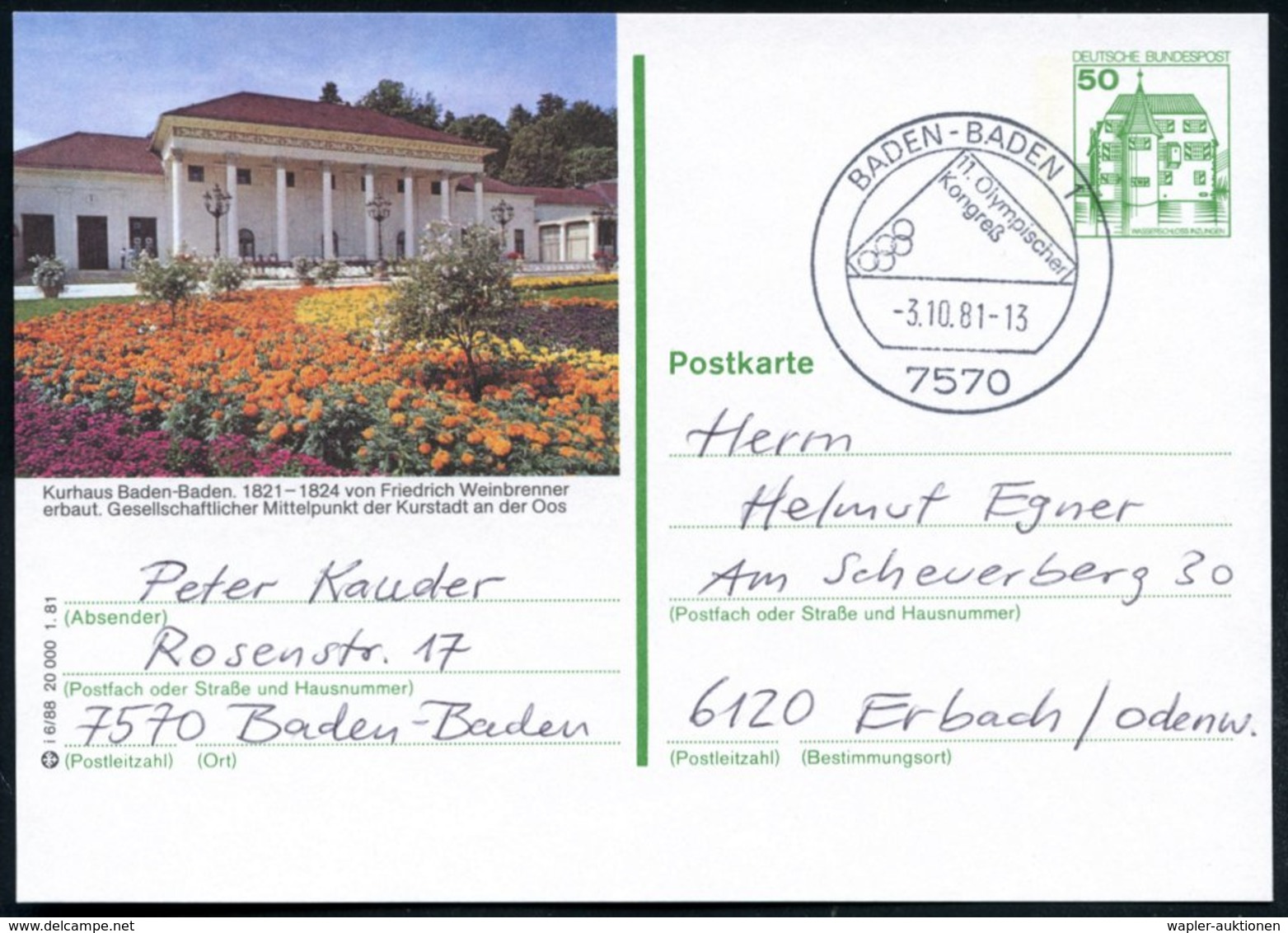 1981 (3.10.) 7570 BADEN-BADEN 1, Sonderstempel: 11. Olympischer Kongreß Auf Ortsgleicher Bild-Ganzsache 50 Pf. Burgen, G - Other & Unclassified