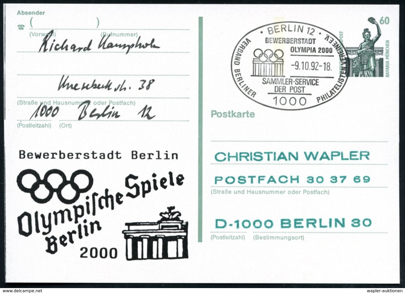 1992 (9.10.) 1000 BERLIN 12, Amtl. Ganzsache 60 Pf. Bavaria + Zudruck: Bewerbestadt Berlin Olympische Spiele.. 2000 (Bra - Other & Unclassified