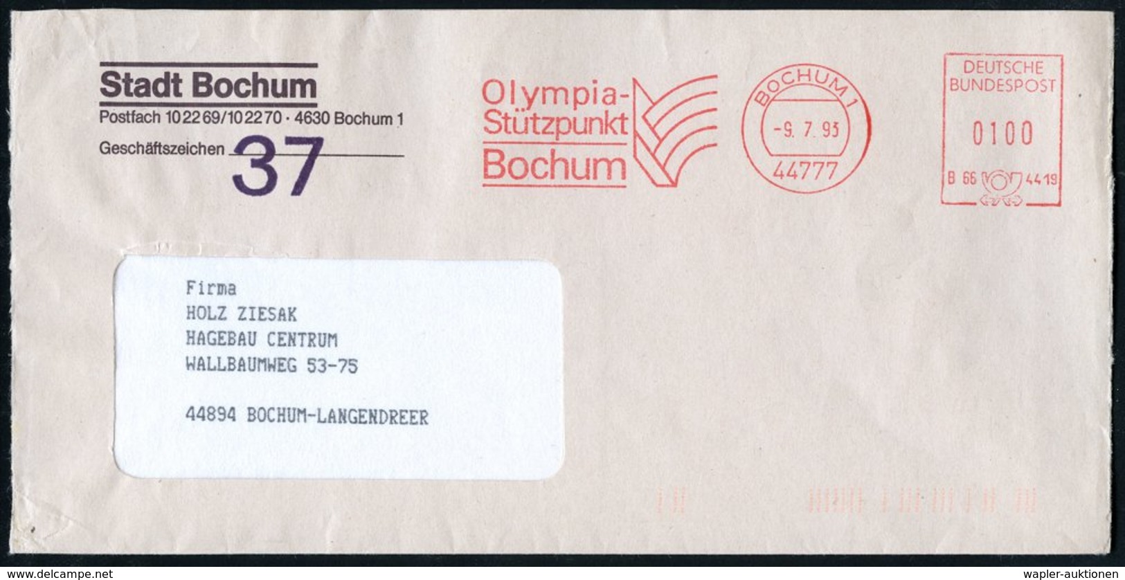 1993 (9.7.) 44777 BOCHUM 1, Absender-Freistempel: Olympia Stützpunkz, Bochum (Symbol.) Kommunalbrief - Olympische Sommer - Other & Unclassified