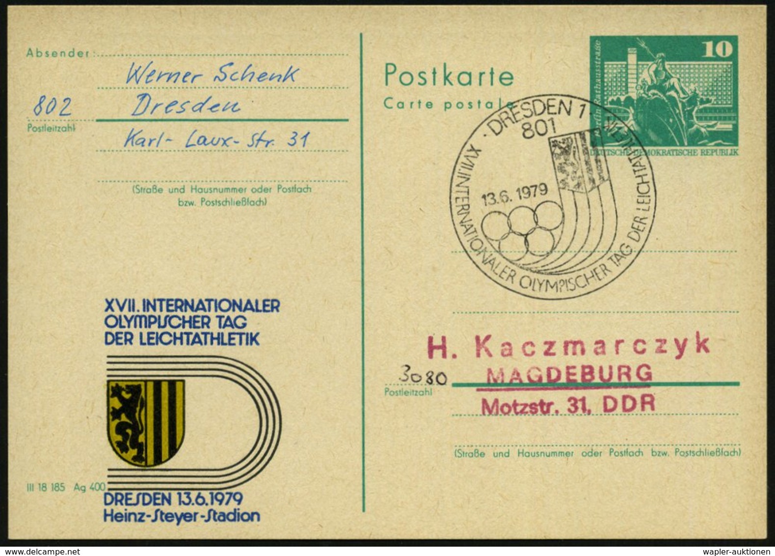 1979 (13.6.) 801 DRESDEN 1, Amtl. Ganzsache 10 Pf. Neptunbrunnen + Amtl. Zudruck: XVII. INTERNAT. OLYMPISCHER TAG DER LE - Other & Unclassified