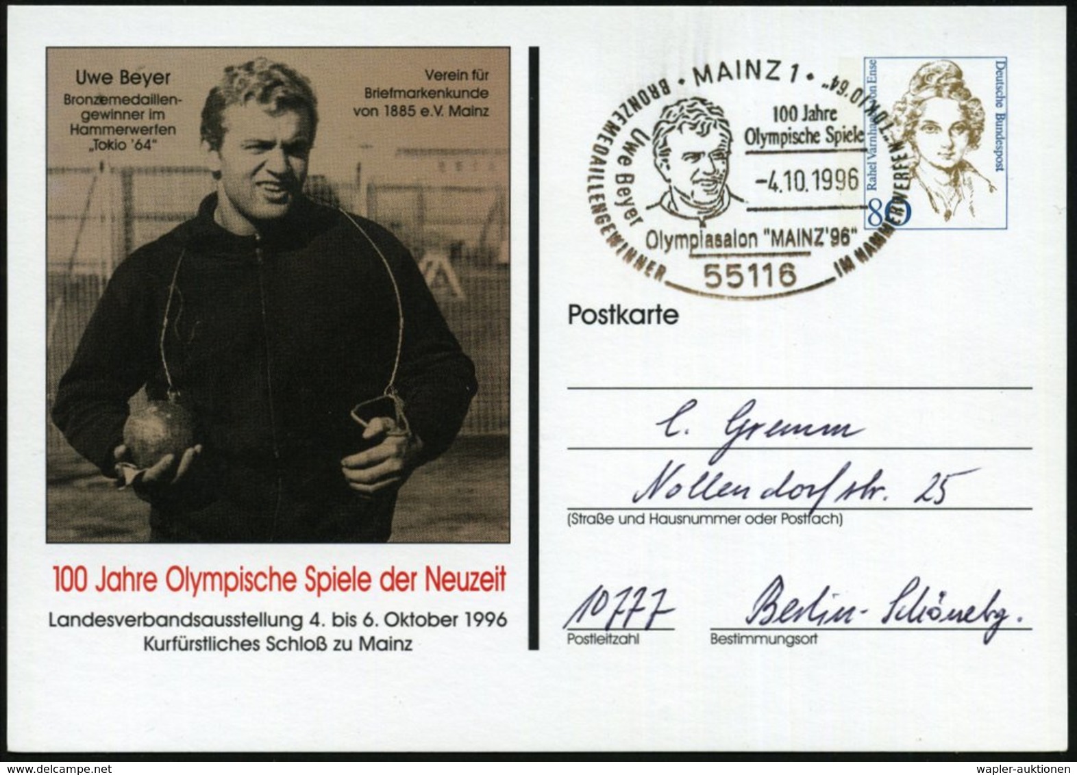 1996 (4.10.) 55116 MAINZ 1, PP 80 Pf. Varnhagen: 100 Jahre Olympische Spiele.. Uwe Beyer Bronzemedaille.. Tokyo 64 (Beye - Other & Unclassified