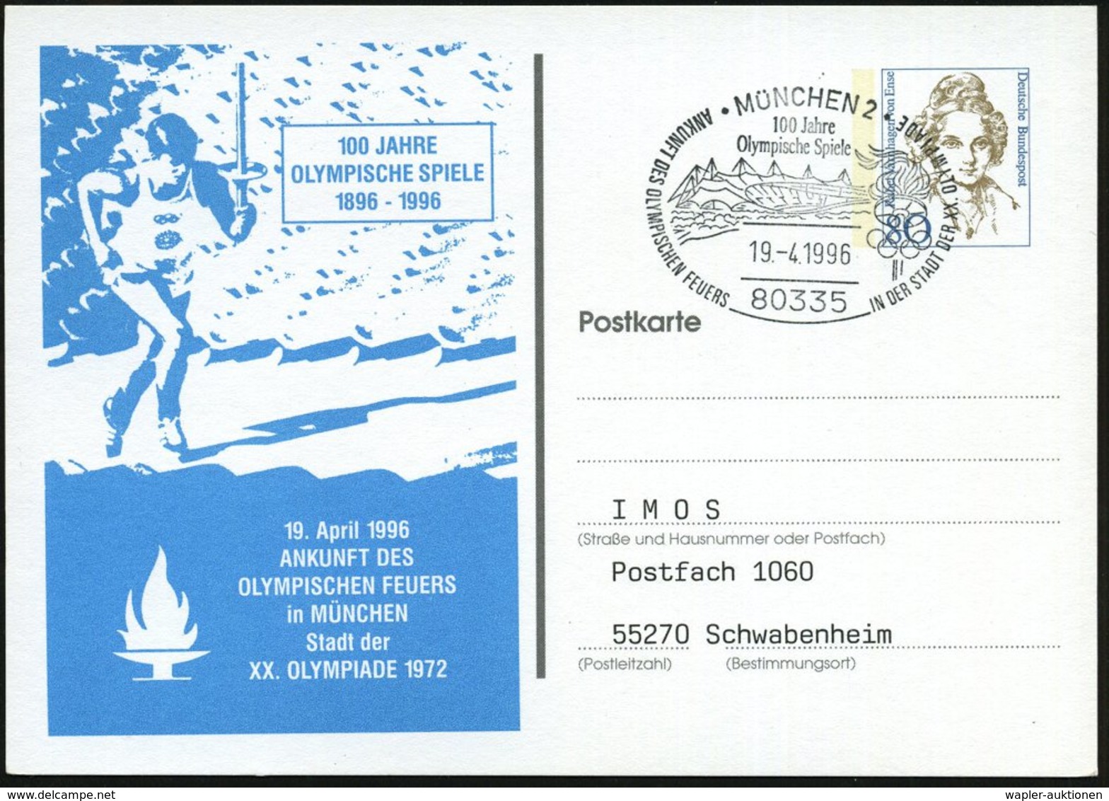 1996 (19.4.) 80335 MÜNCHEN 2, PP 80 Pf. Varnhagen: 100 JAHRE OLYMPISCHE SPIELE 1896 - 1996 (Fackelläufer) + Passender So - Other & Unclassified