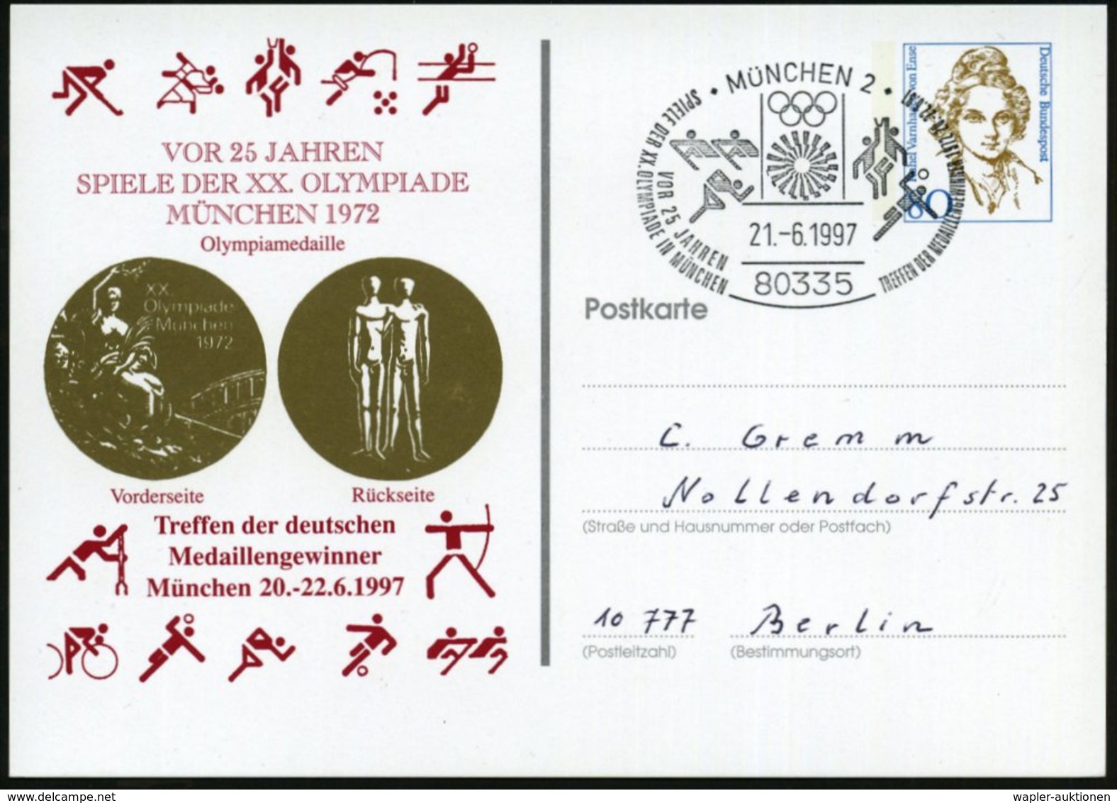 1996 (21.6.) 80335 MÜNCHEN 2, PP 80 Pf. Varnhagen: VOR 25 JAHREN SPIELE DER XX. OLYMPIADE MÜNCHEN 1972 (Goldmedaille, Pi - Other & Unclassified