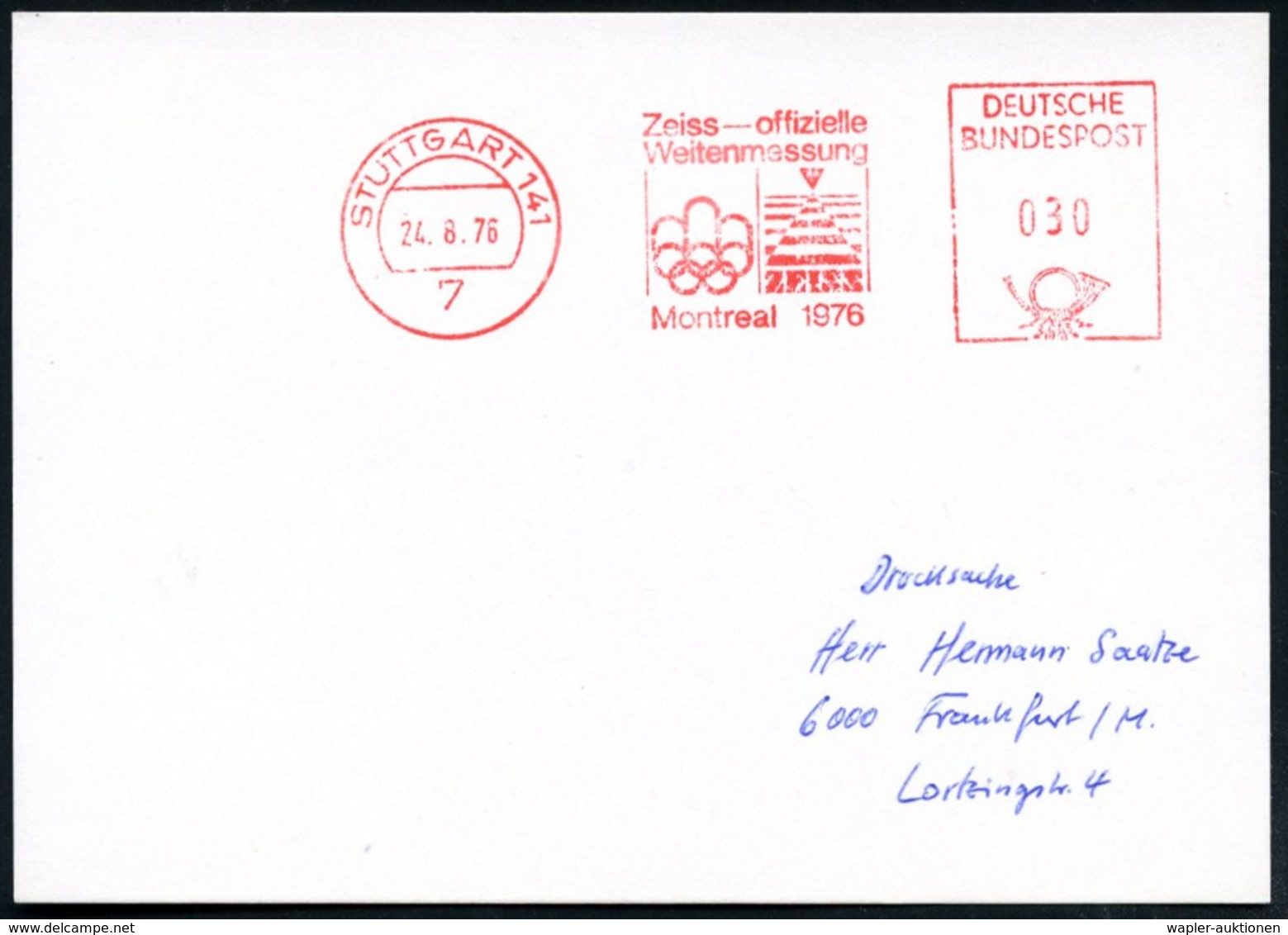 1976 (24.8.) 7 STUTTGART 141, Absender-Freistempel: Zeiss - Offizielle Weitenmessung Montreal 1976 (Olympia- U. Firmen-L - Other & Unclassified