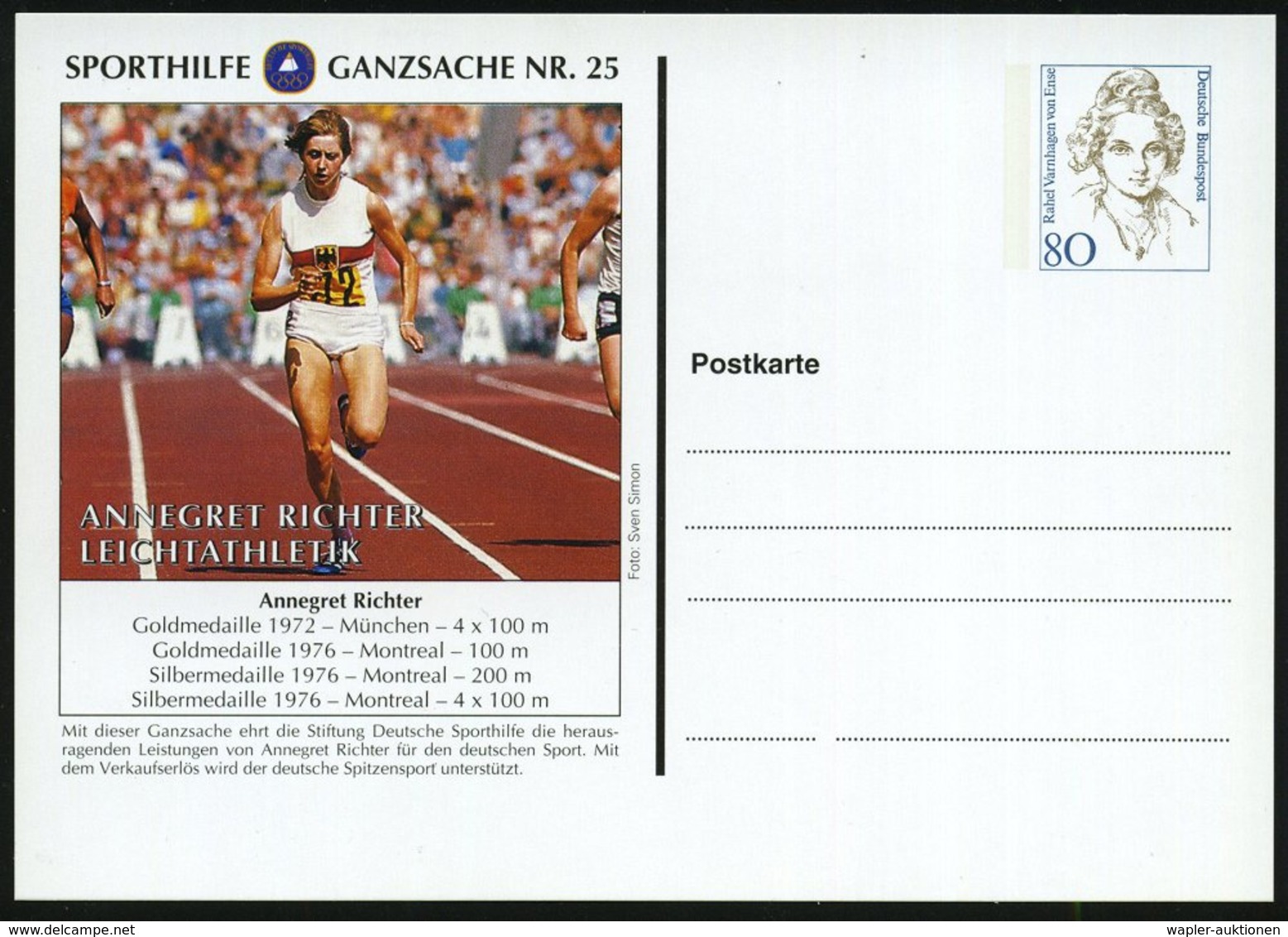 1994 B.R.D., PP 80 Pf. Varnhagen: SPORTHILFE GANZSACHE NR.25, ANNEGRET RICHTER, LEICHTATHLETIK (Gold 1972, 1976, 2x Silb - Andere & Zonder Classificatie